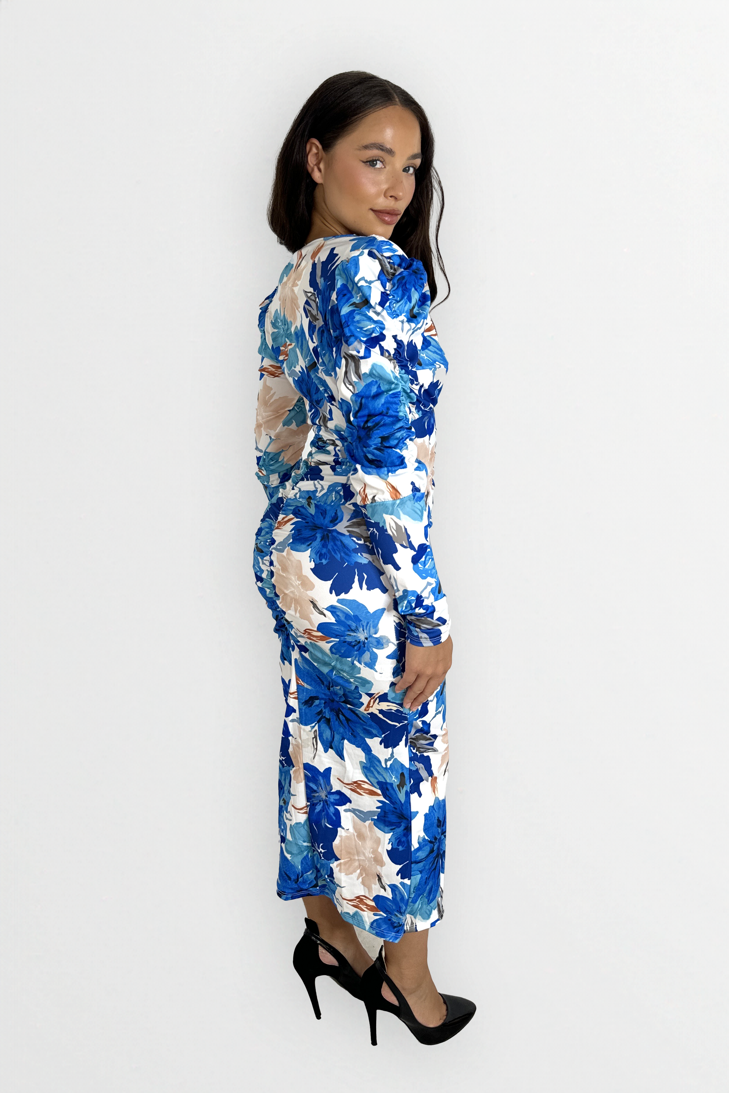 Ruched Puff Long Sleeve Low Cut Floral Print Slinky Bodycon Dress