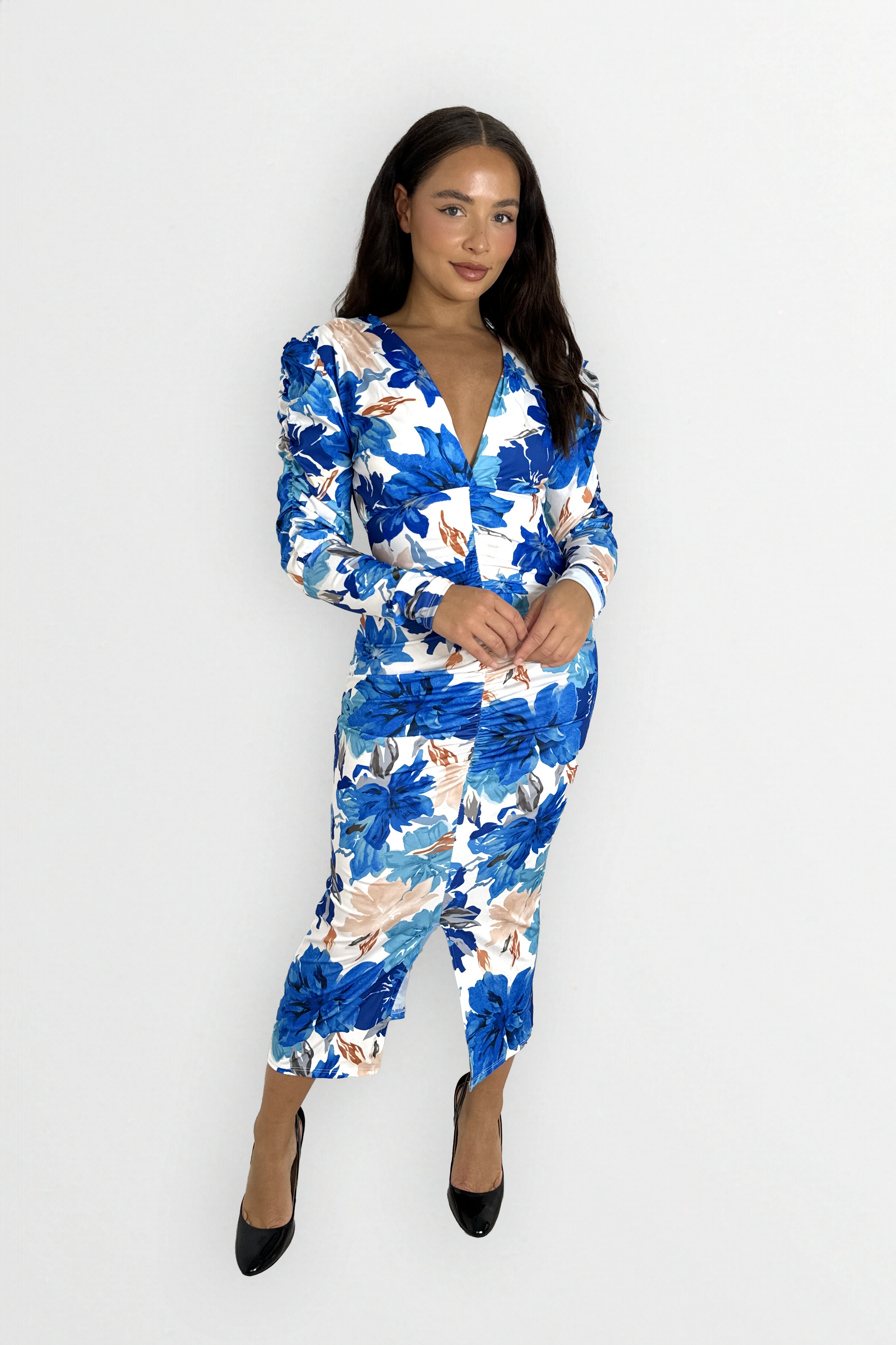 Ruched Puff Long Sleeve Low Cut Floral Print Slinky Bodycon Dress