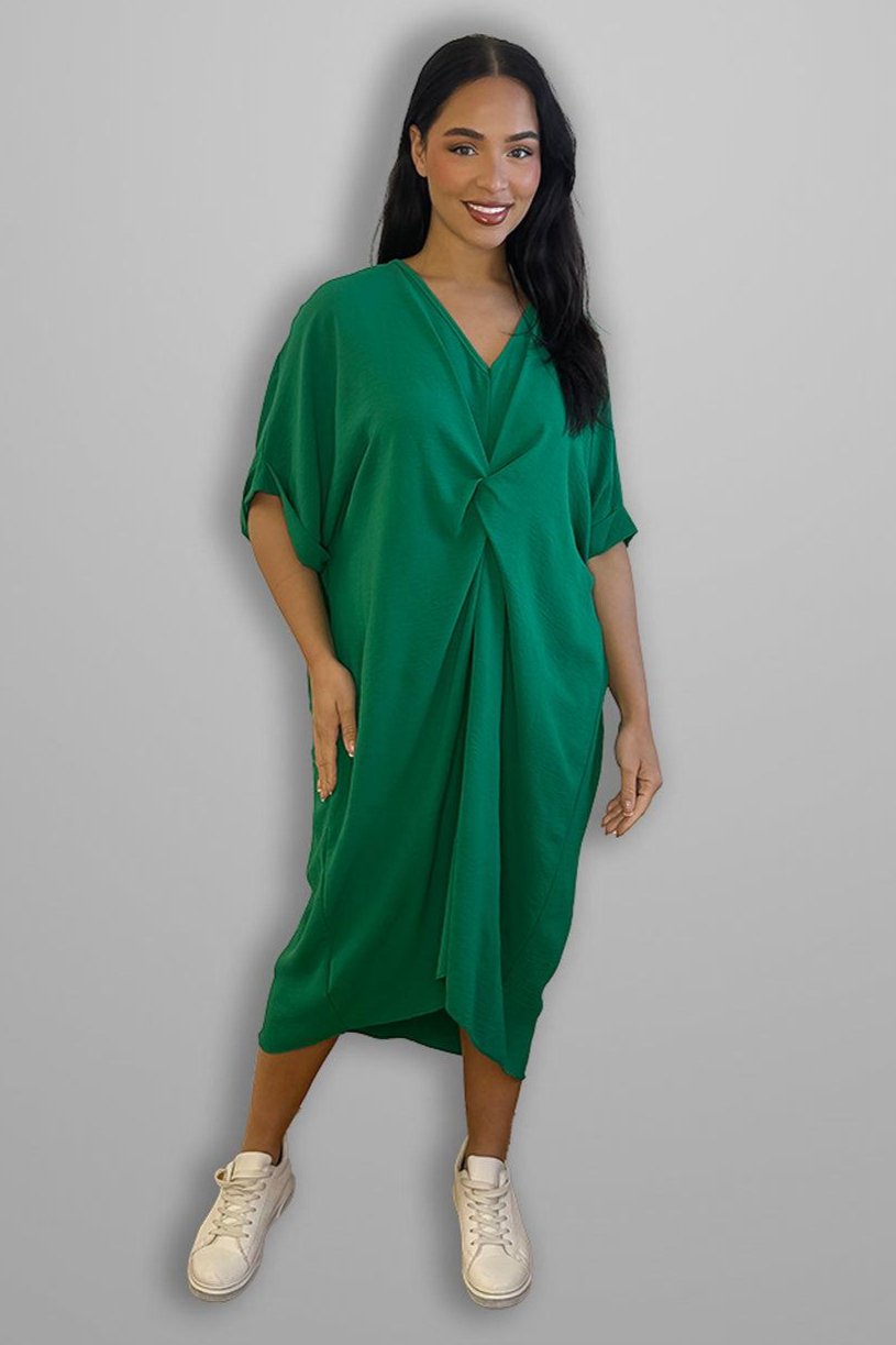 Twist Front Plunge Neckline Relaxed Fit Dress