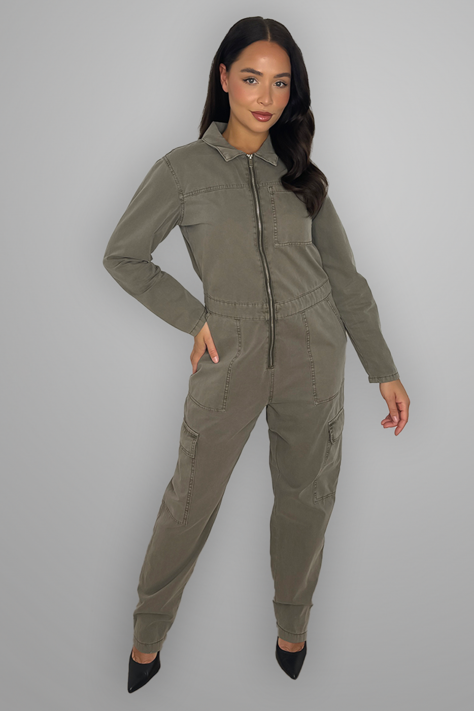 Dusty Olive Denim Plain Boiler Jumpsuit-SinglePrice