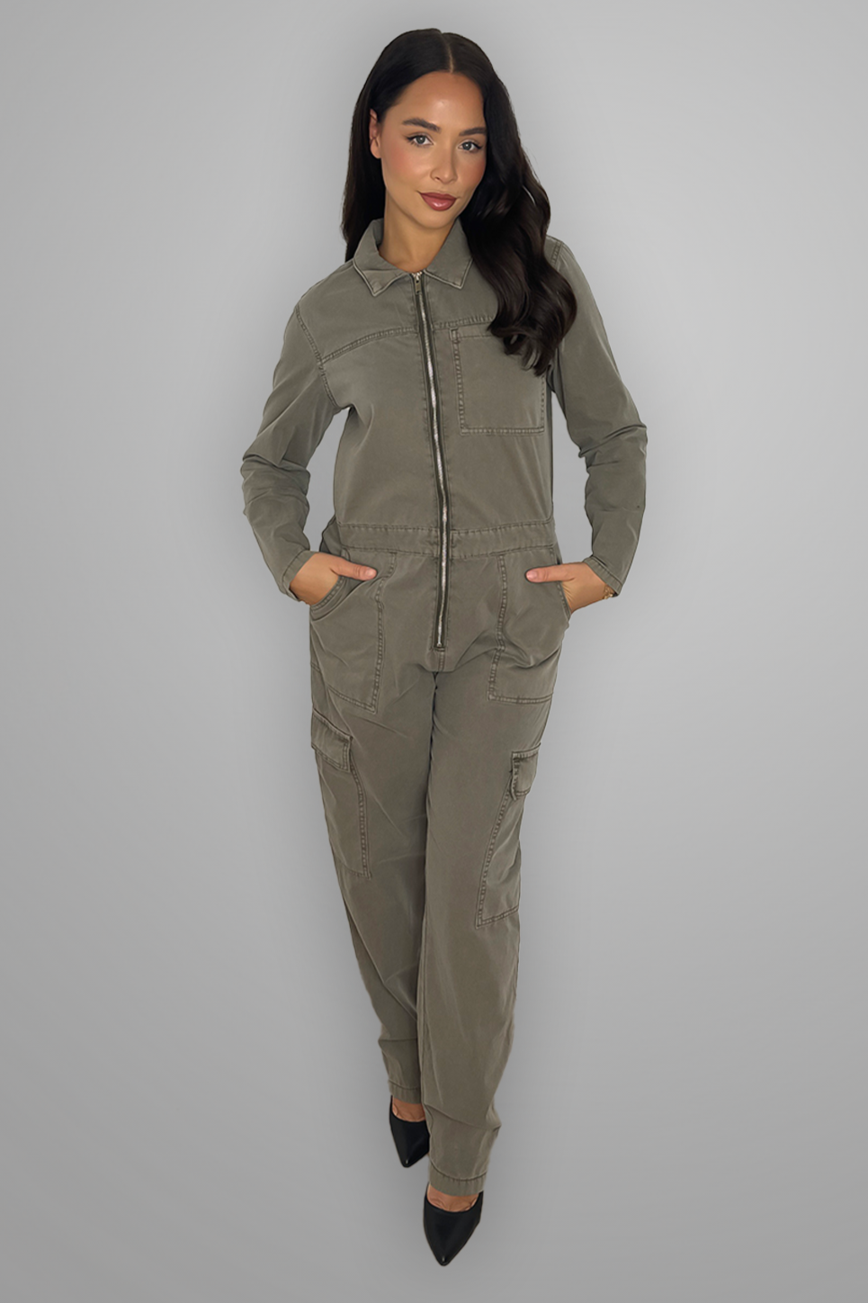 Dusty Olive Denim Plain Boiler Jumpsuit-SinglePrice