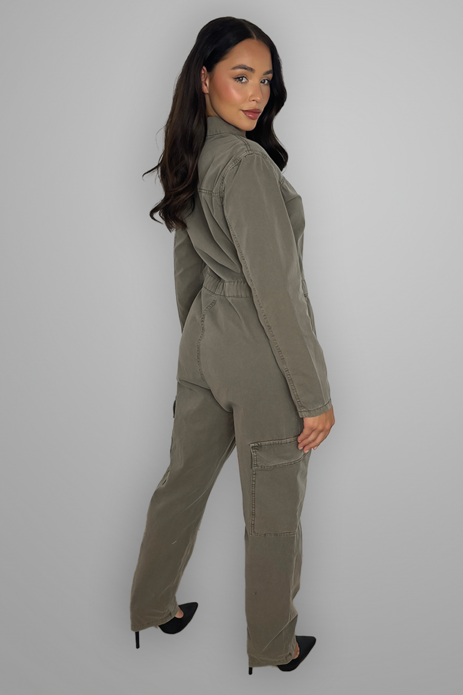 Dusty Olive Denim Plain Boiler Jumpsuit-SinglePrice