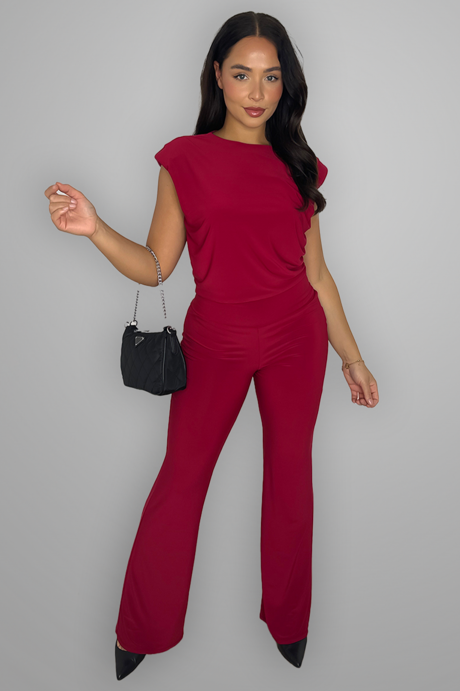 Padded Shoulder Straight Leg Stretchy Loungewear Set-SinglePrice