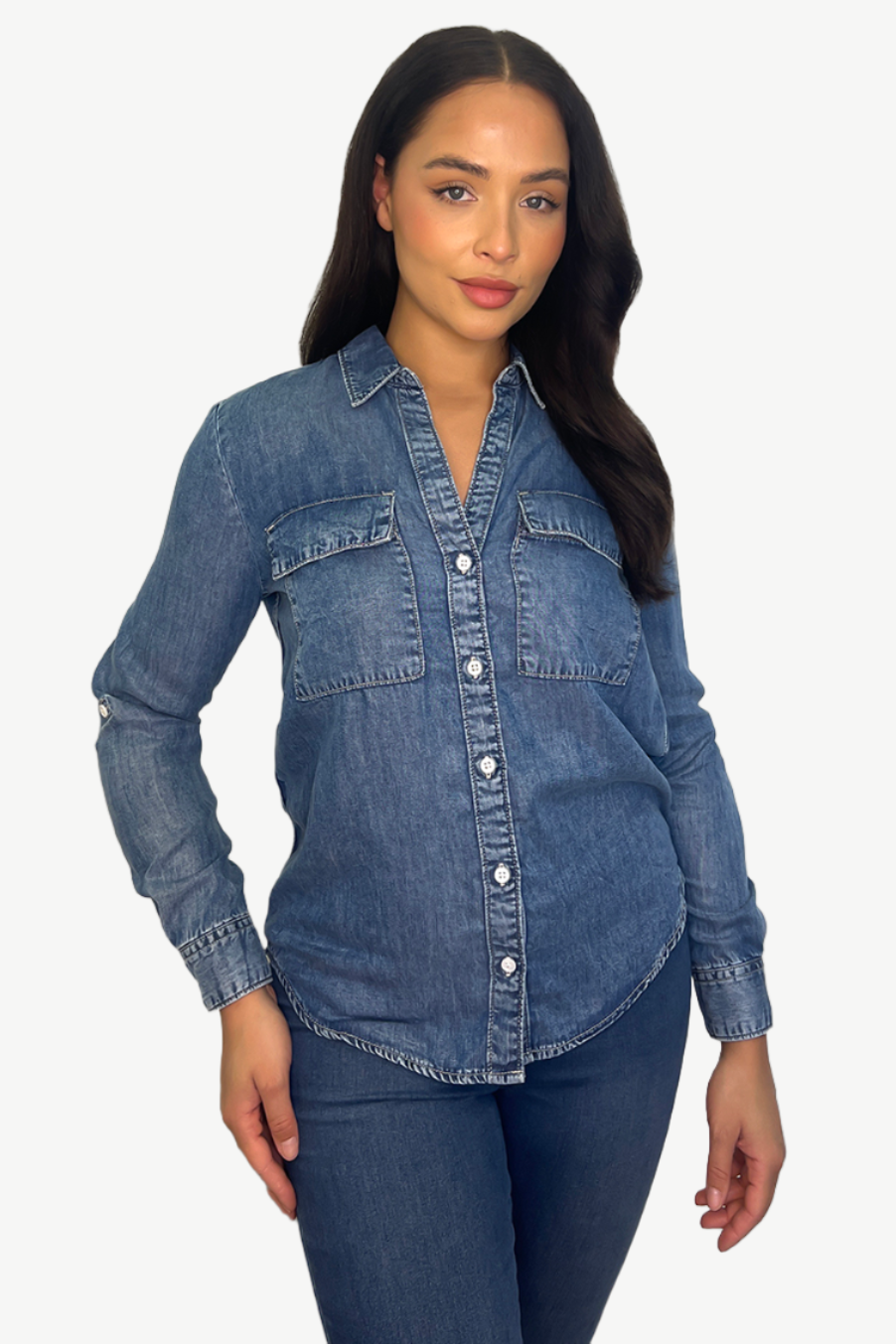 Dark Blue Faded Adjustable Sleeve Denim Shirt-SinglePrice