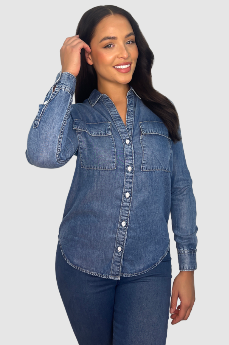 Dark Blue Faded Adjustable Sleeve Denim Shirt-SinglePrice