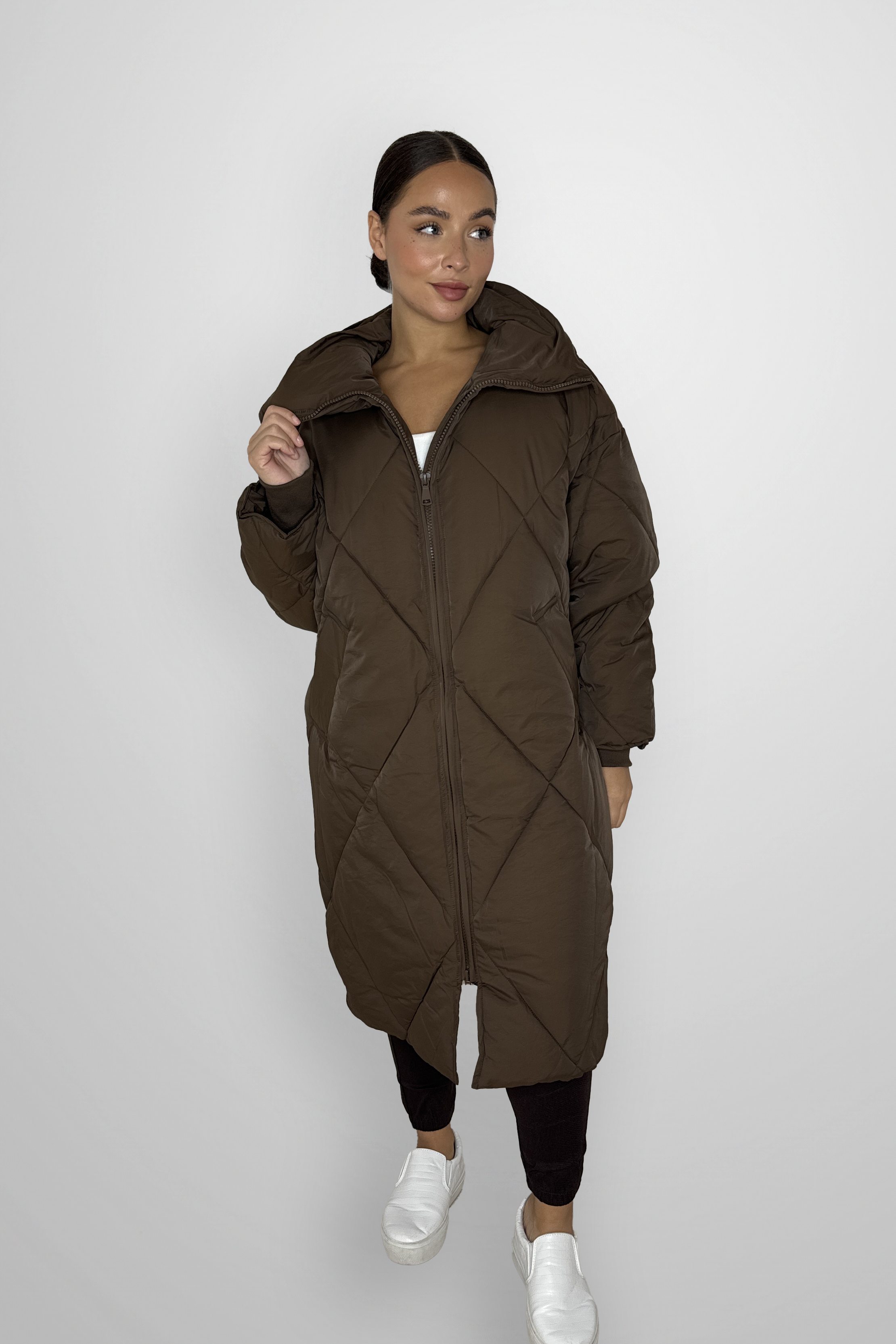 Quilted High Neck Relaxed Fit Midi Lightweight Puffer Jacket