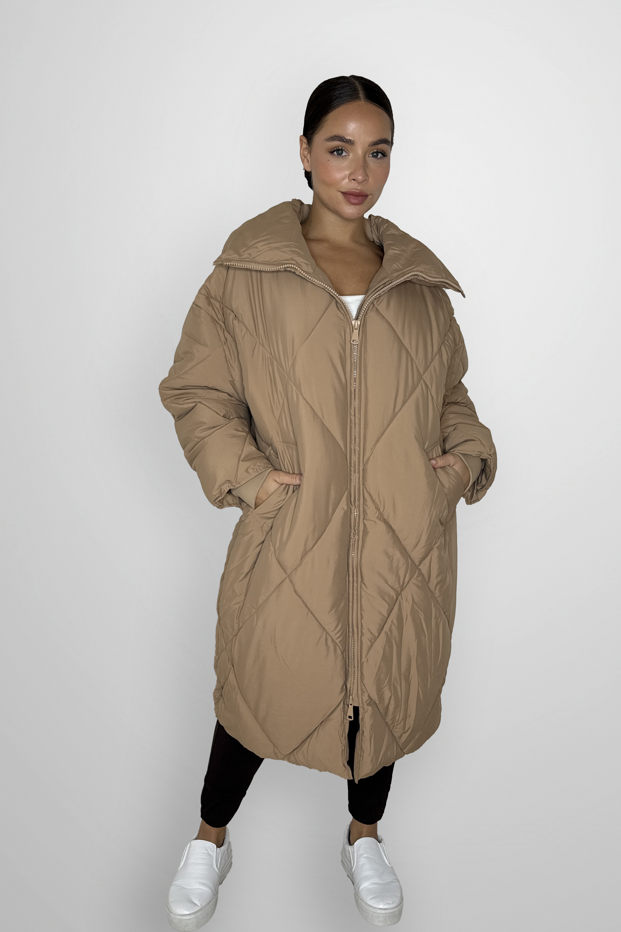 Quilted High Neck Relaxed Fit Midi Lightweight Puffer Jacket