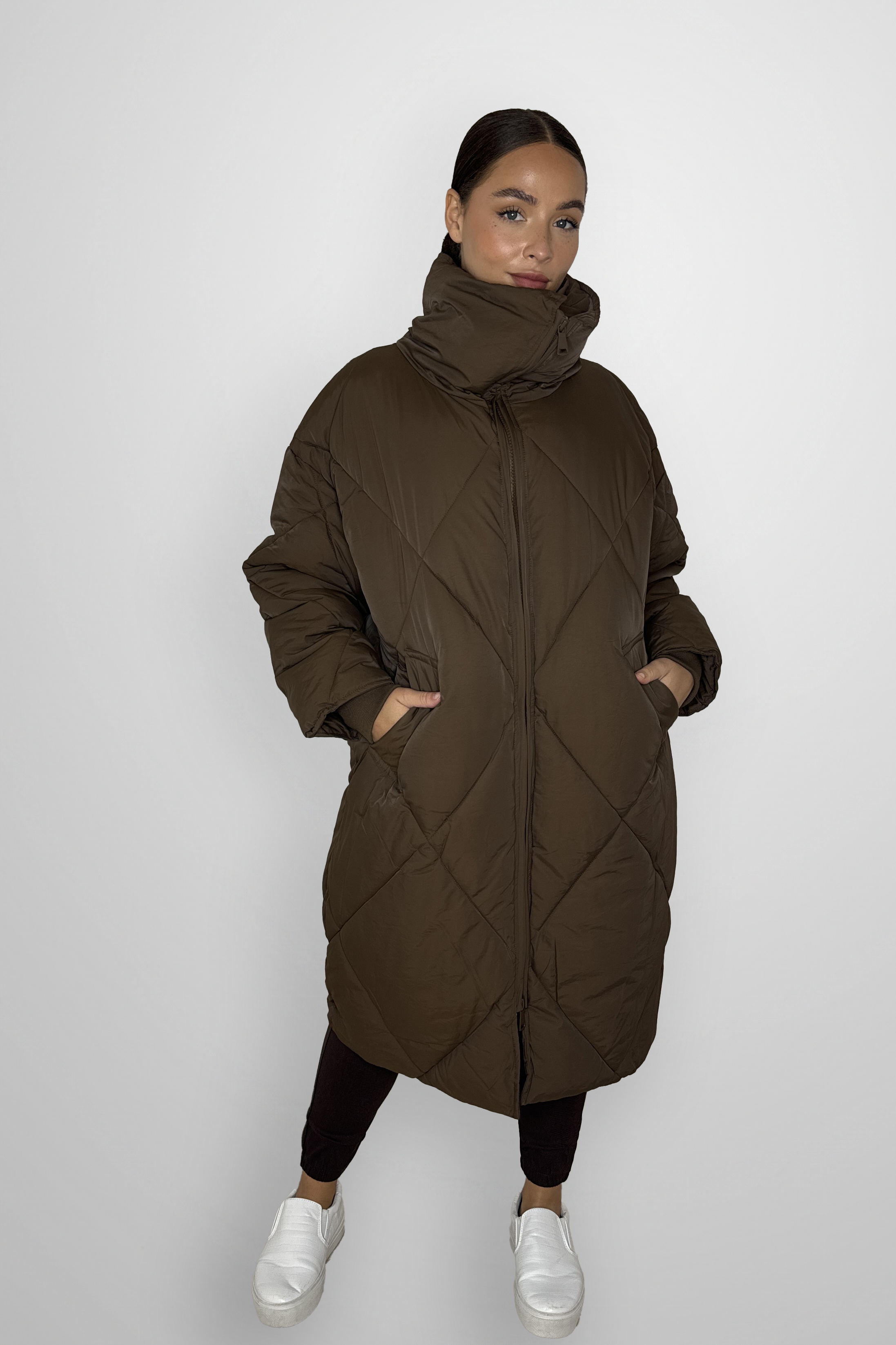 Quilted High Neck Relaxed Fit Midi Lightweight Puffer Jacket