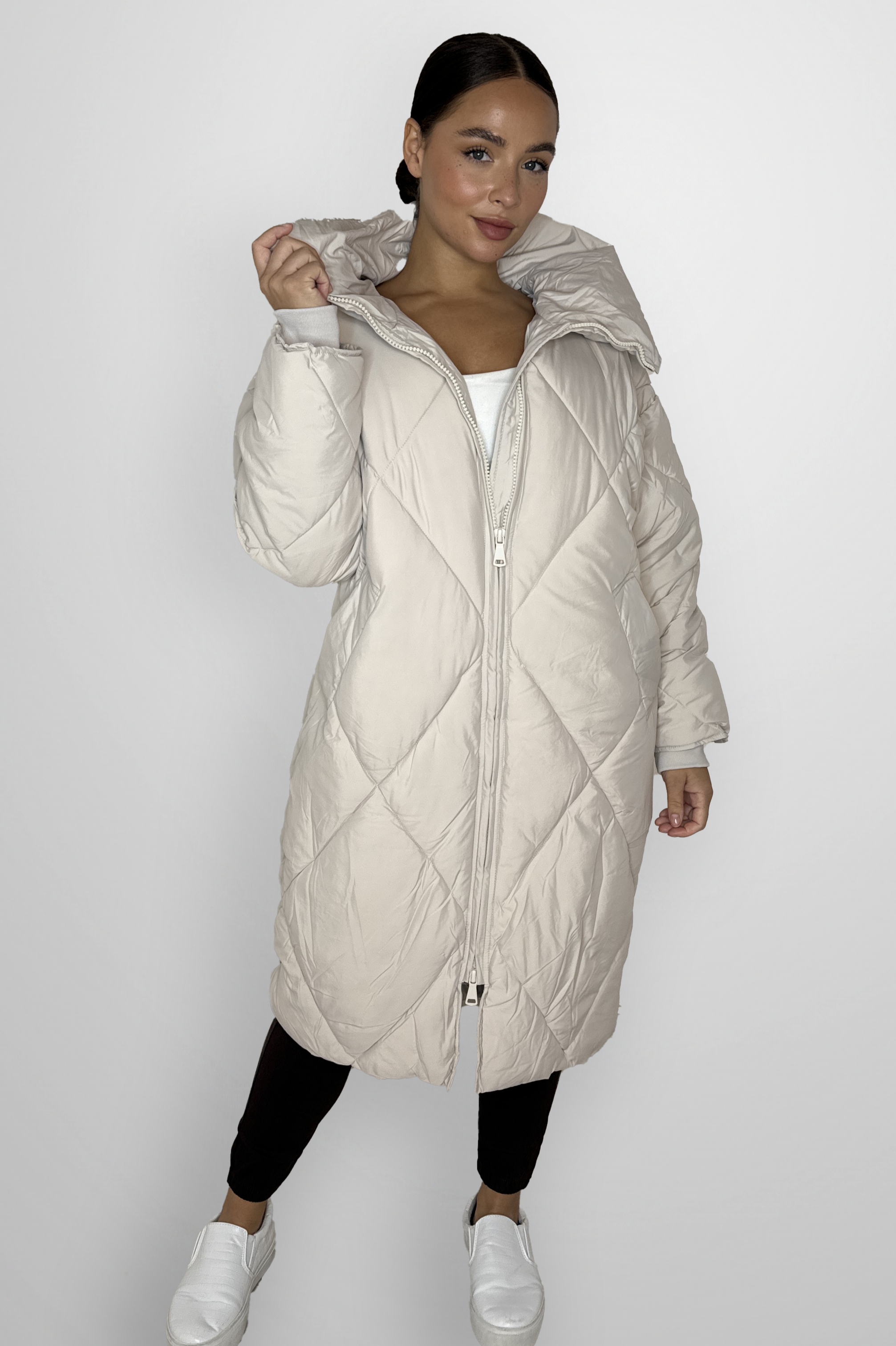 Quilted High Neck Relaxed Fit Midi Lightweight Puffer Jacket