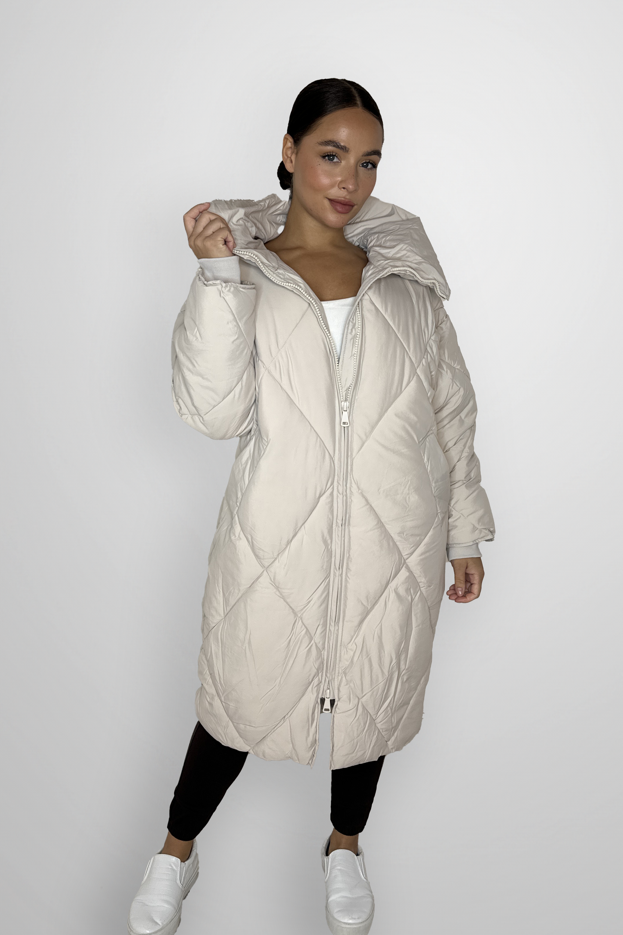 Quilted High Neck Relaxed Fit Midi Lightweight Puffer Jacket