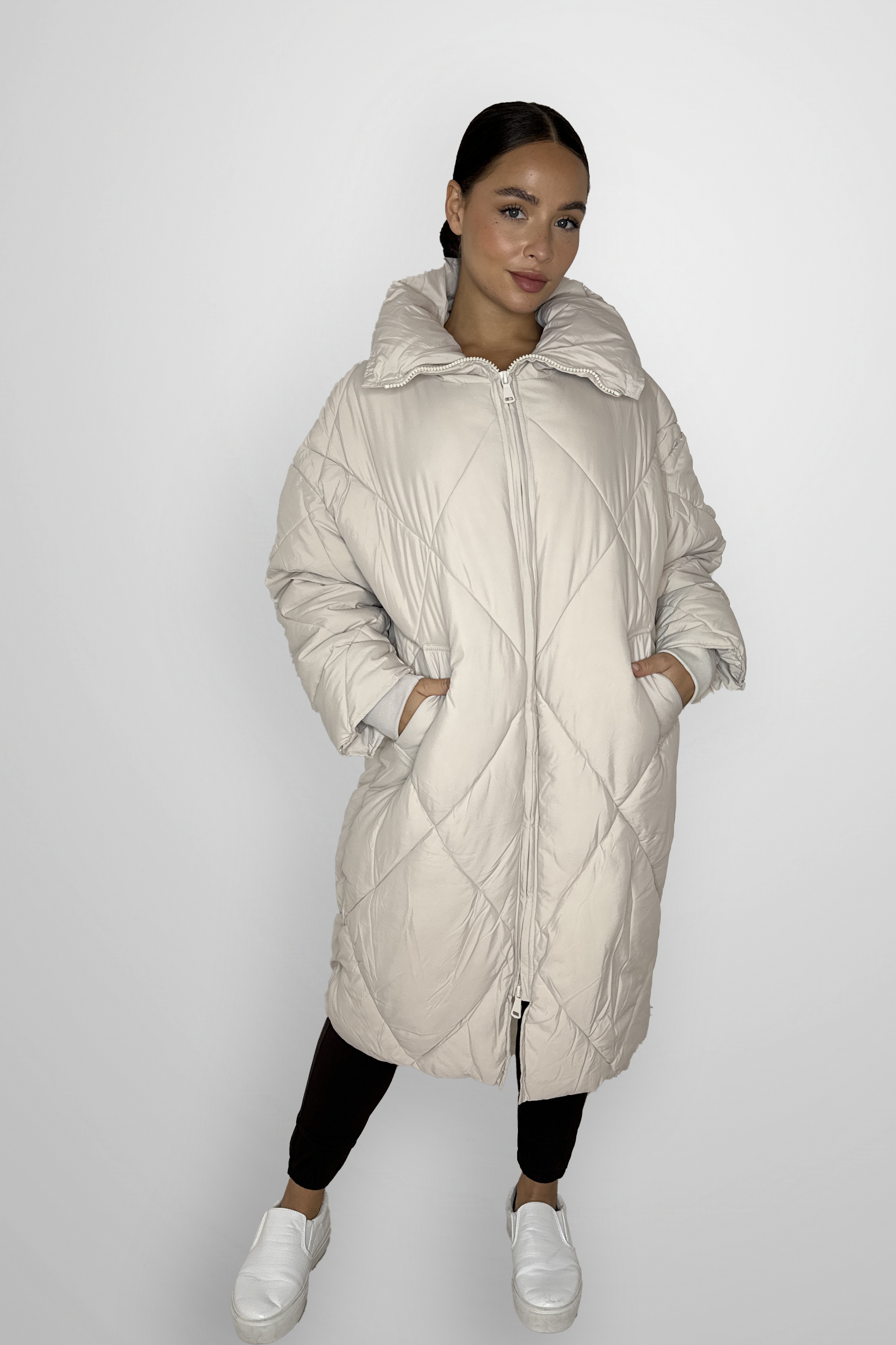 Quilted High Neck Relaxed Fit Midi Lightweight Puffer Jacket