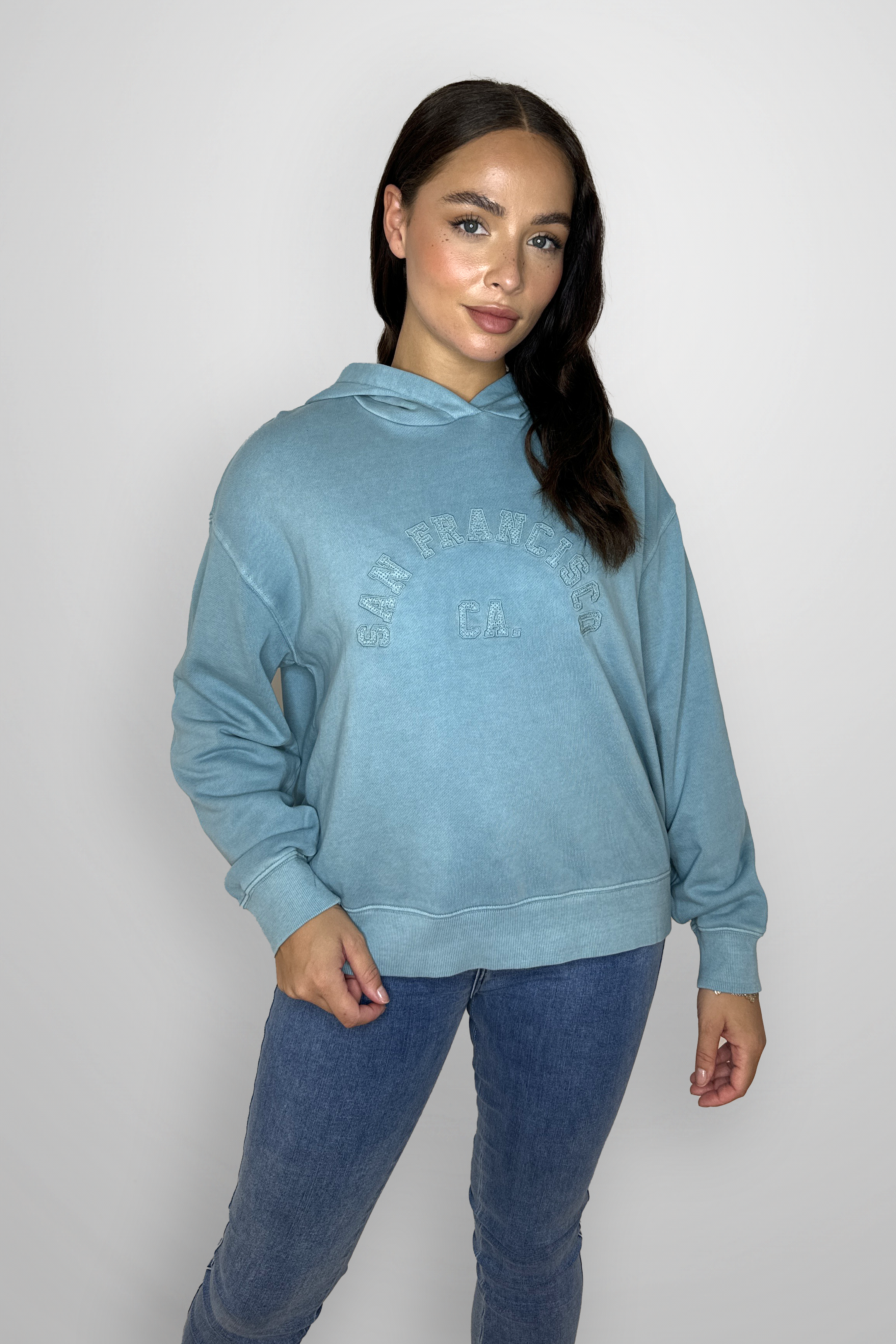 Petrol Blue Cotton Long Sleeve Slogan Hooded Sweatshirt