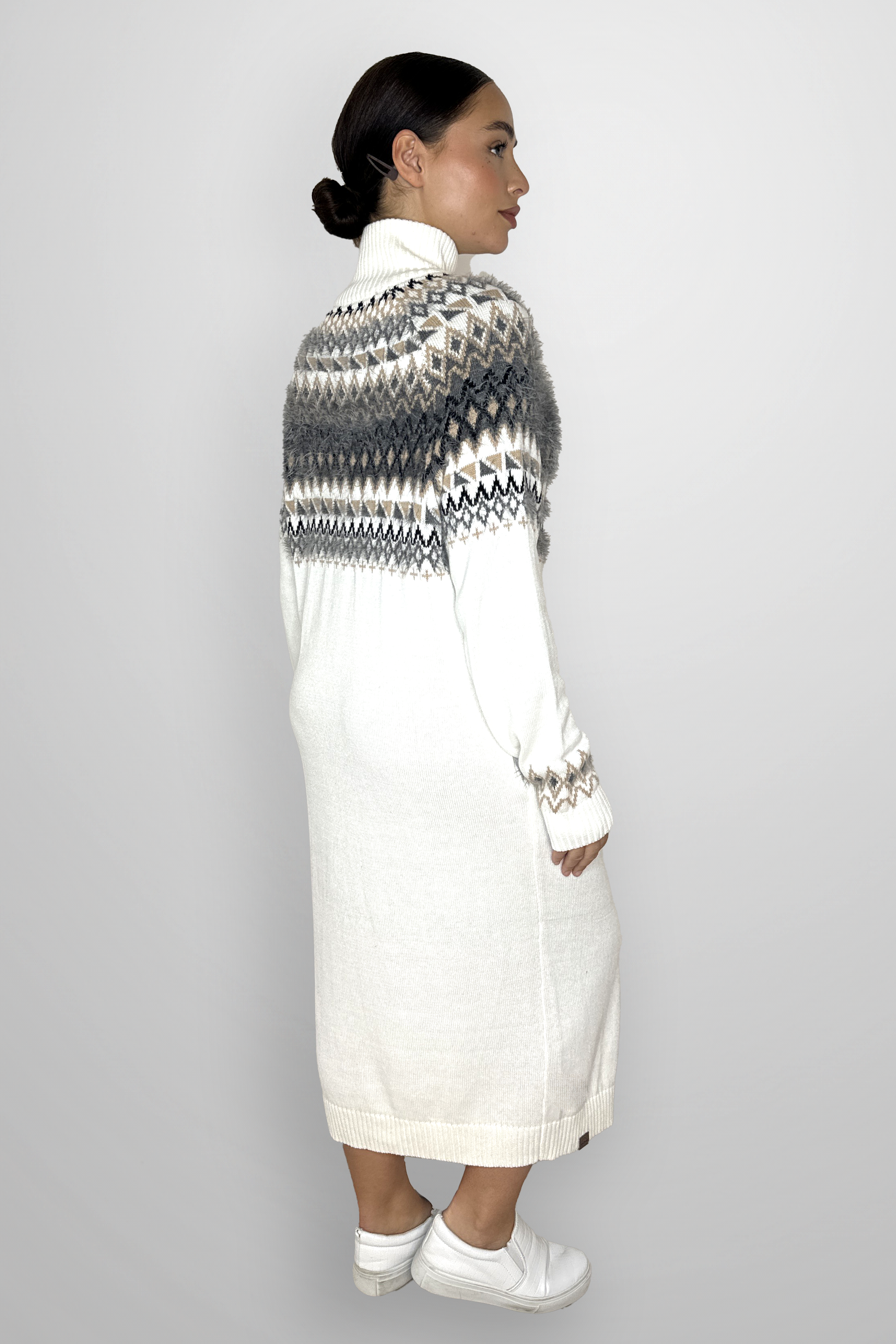 High Zip Neck Aztec Print Cotton Blend Longline Jumper Dress