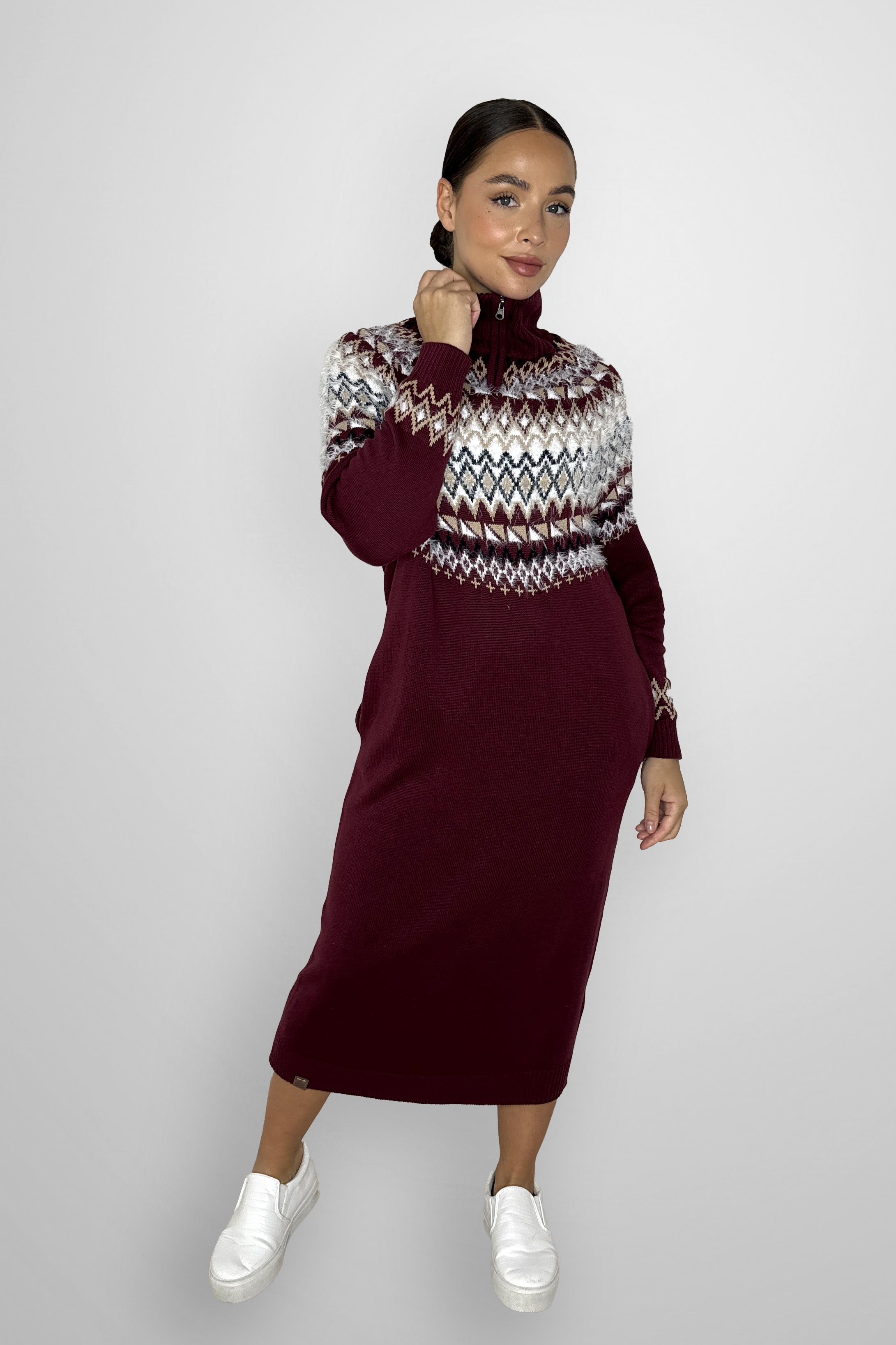 High Zip Neck Aztec Print Cotton Blend Longline Jumper Dress