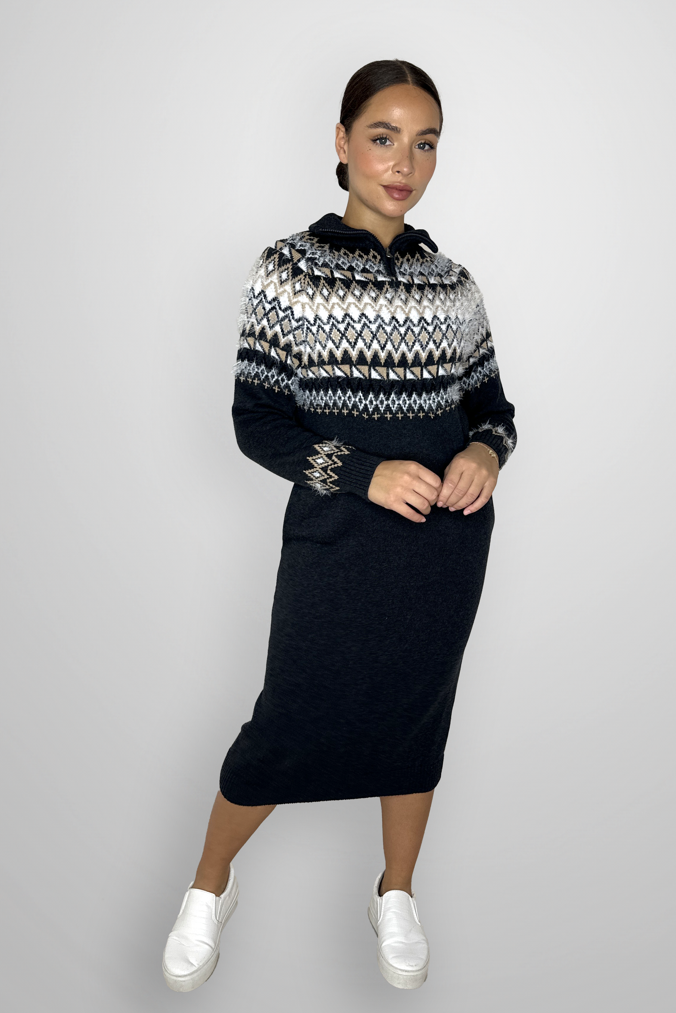 High Zip Neck Aztec Print Cotton Blend Longline Jumper Dress