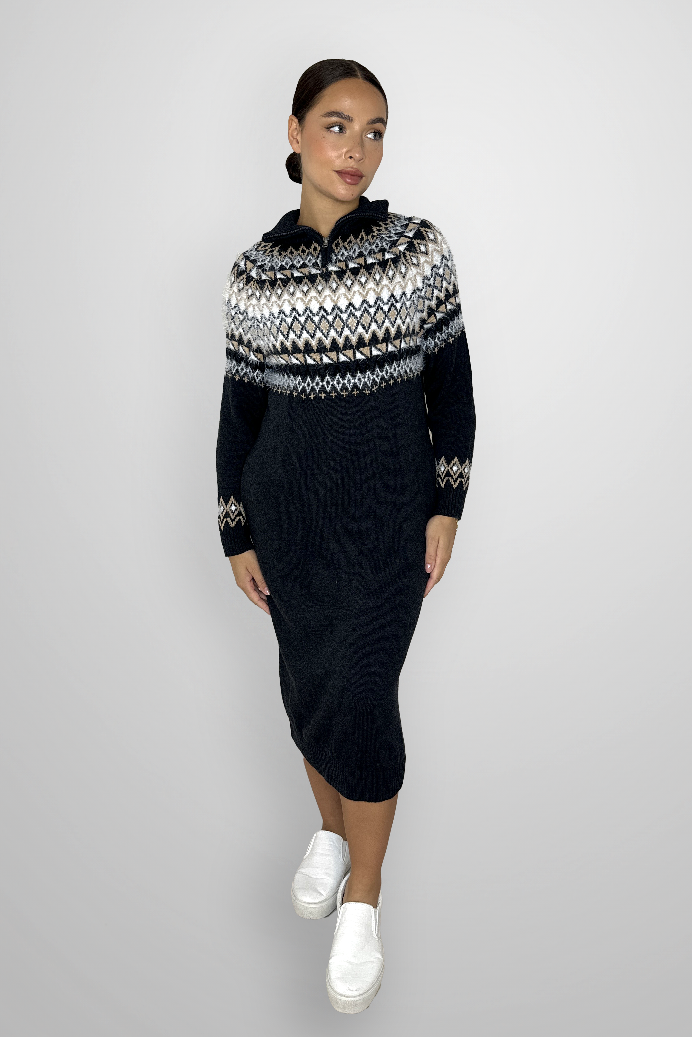 High Zip Neck Aztec Print Cotton Blend Longline Jumper Dress