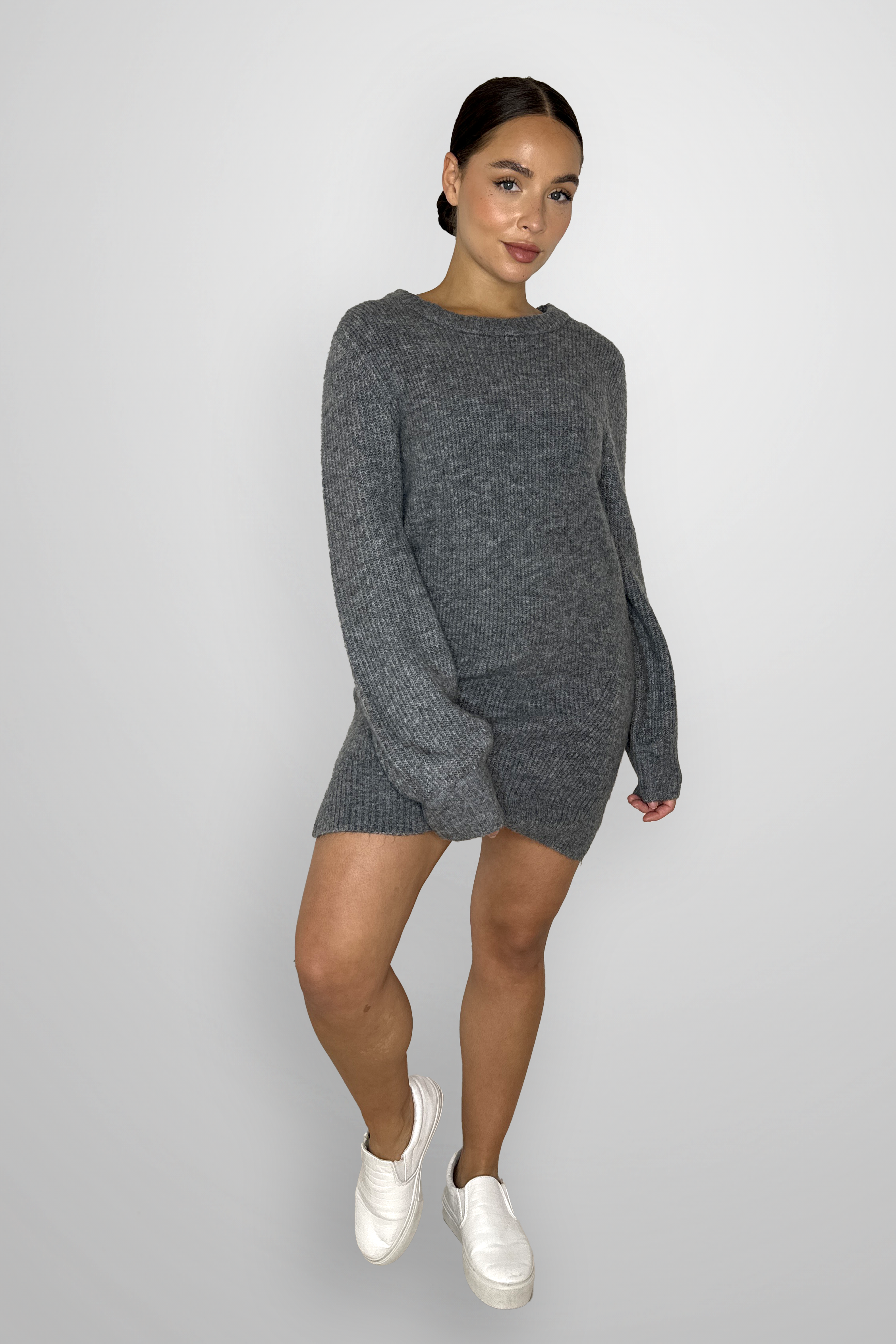 Grey Crew Neck Chunky Knit Relaxed Fit Acrylic Blend Jumper Dress