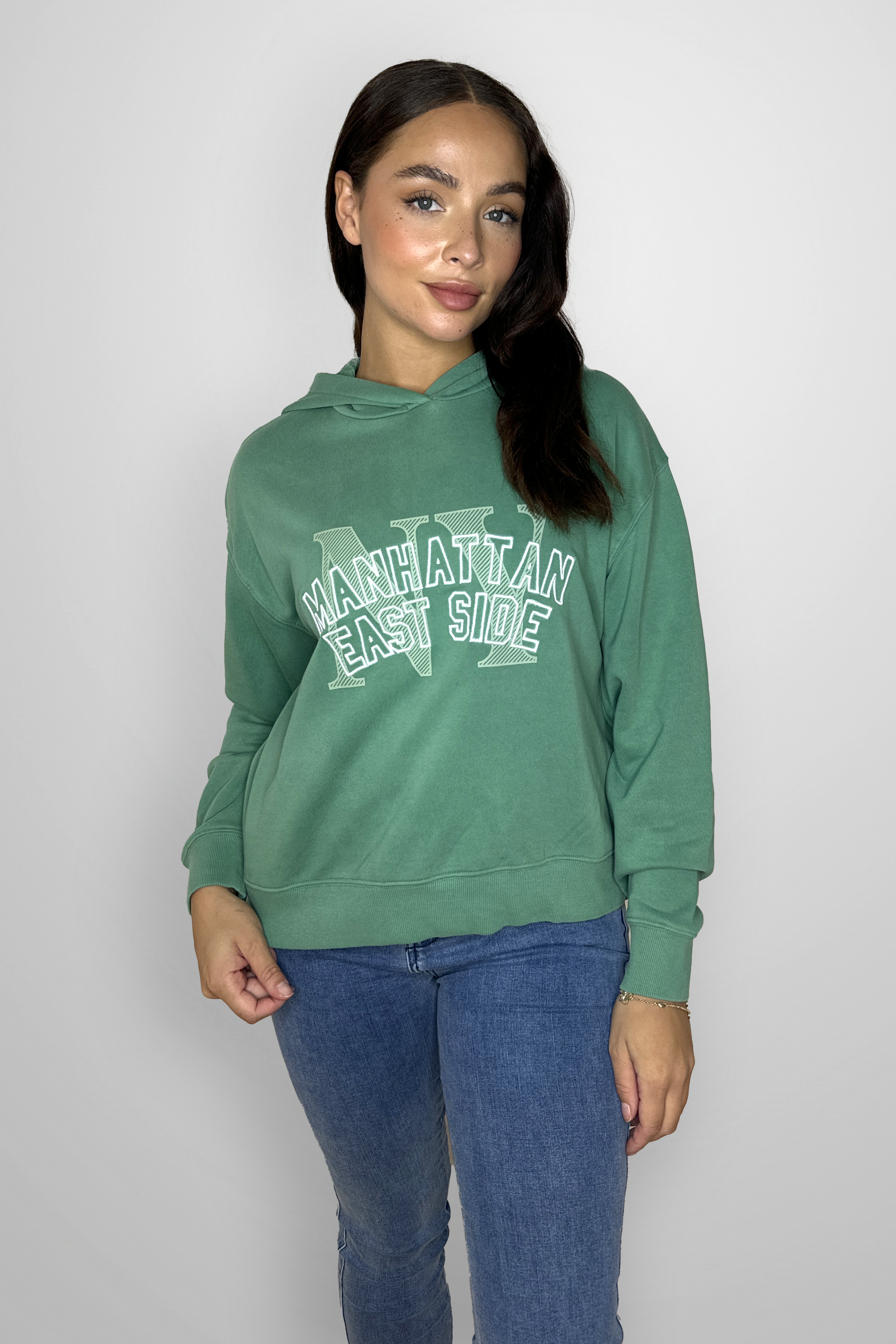 Green Relaxed Fit Fleeced Cotton Slogan Hoodie