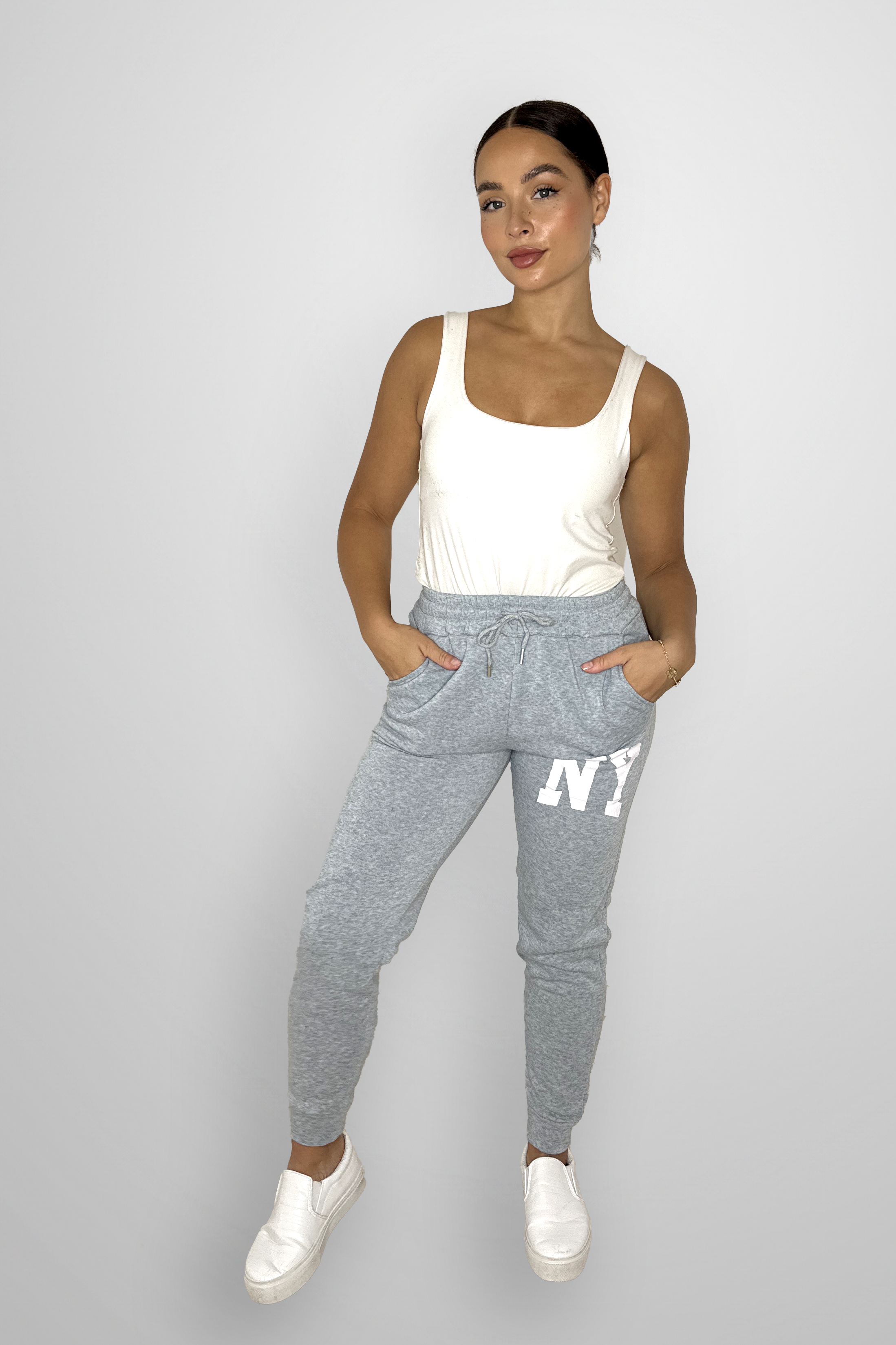 Stretchy Cuffed Slogan Drawstring Joggers