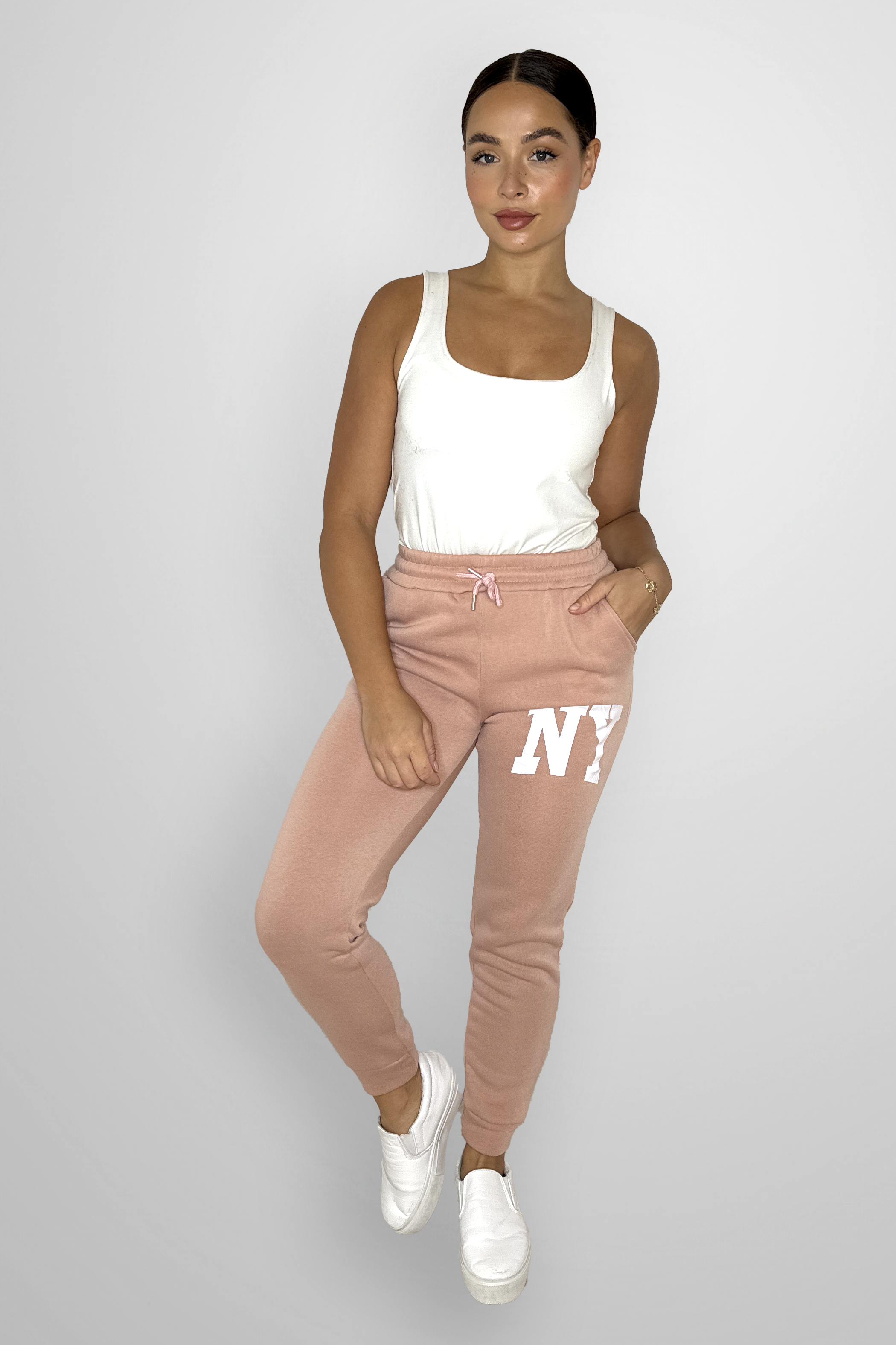 Stretchy Cuffed Slogan Drawstring Joggers