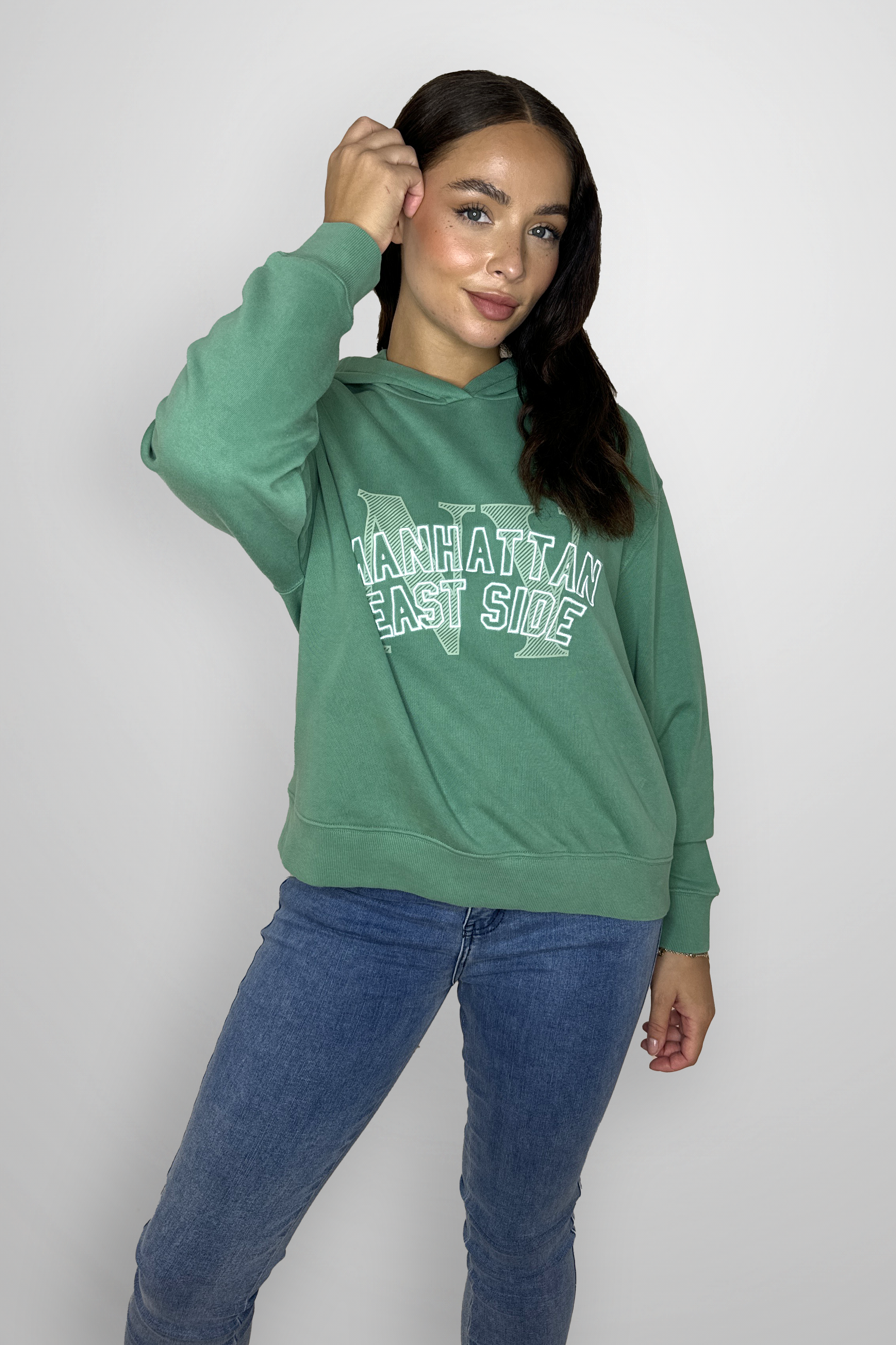 Green Relaxed Fit Fleeced Cotton Slogan Hoodie