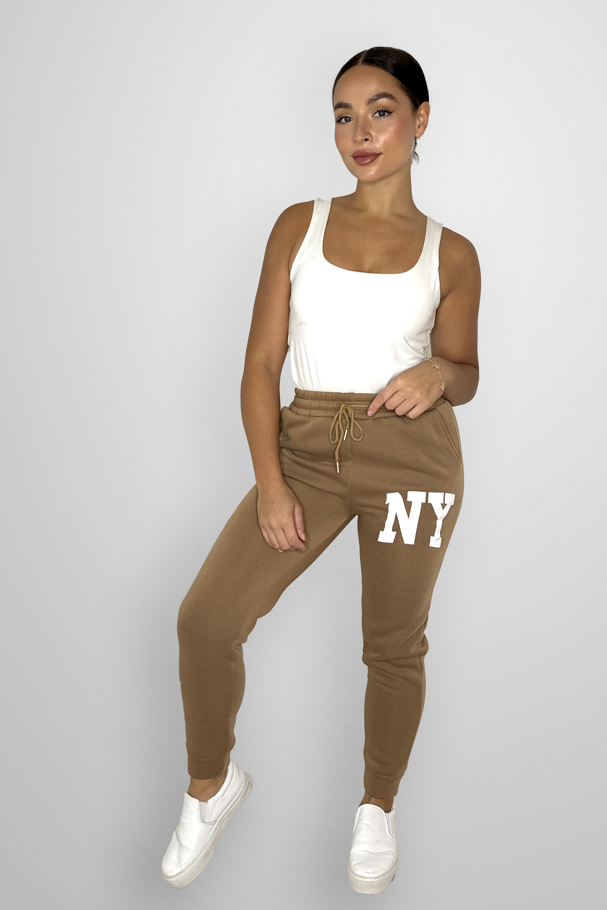 Stretchy Cuffed Slogan Drawstring Joggers