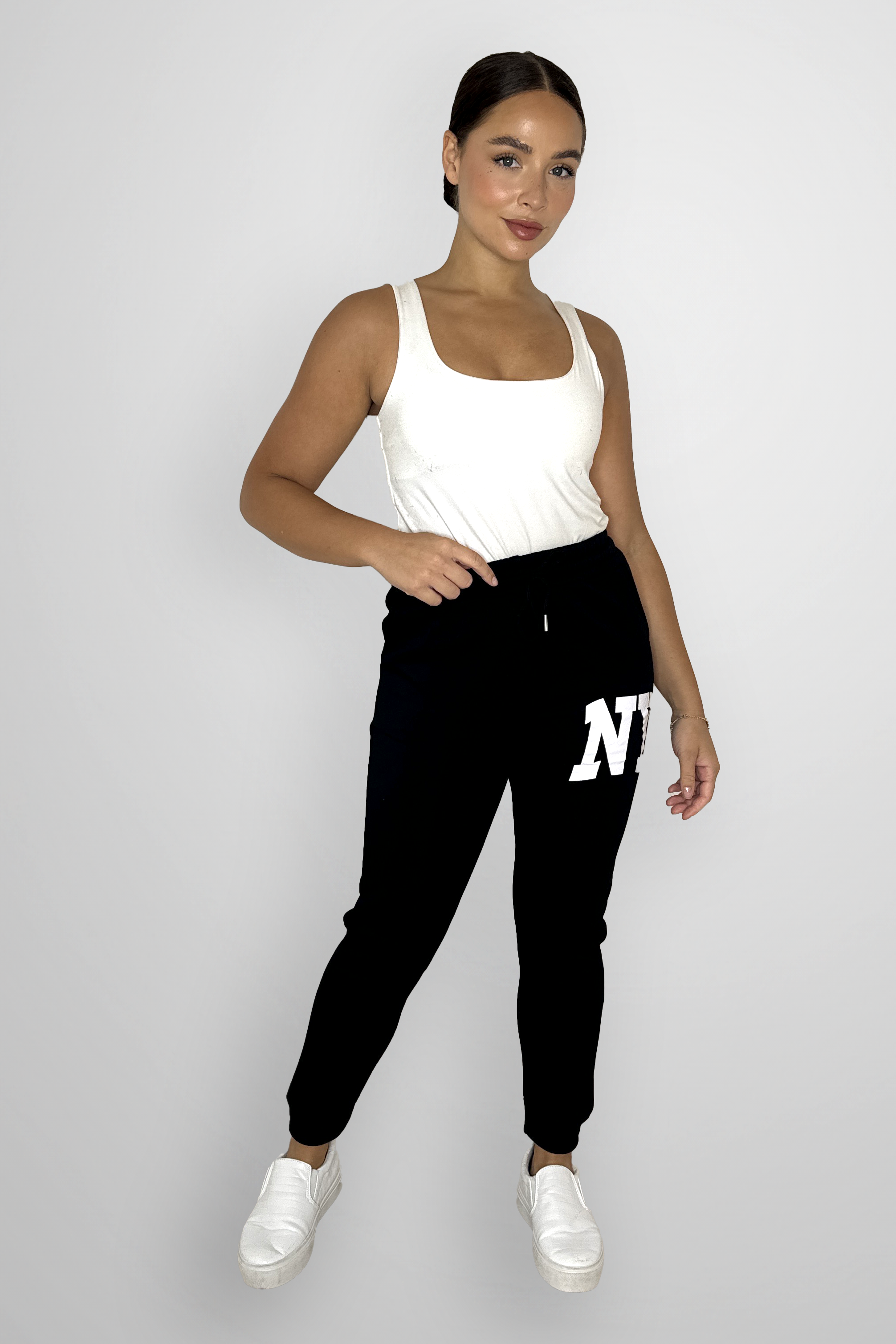 Stretchy Cuffed Slogan Drawstring Joggers