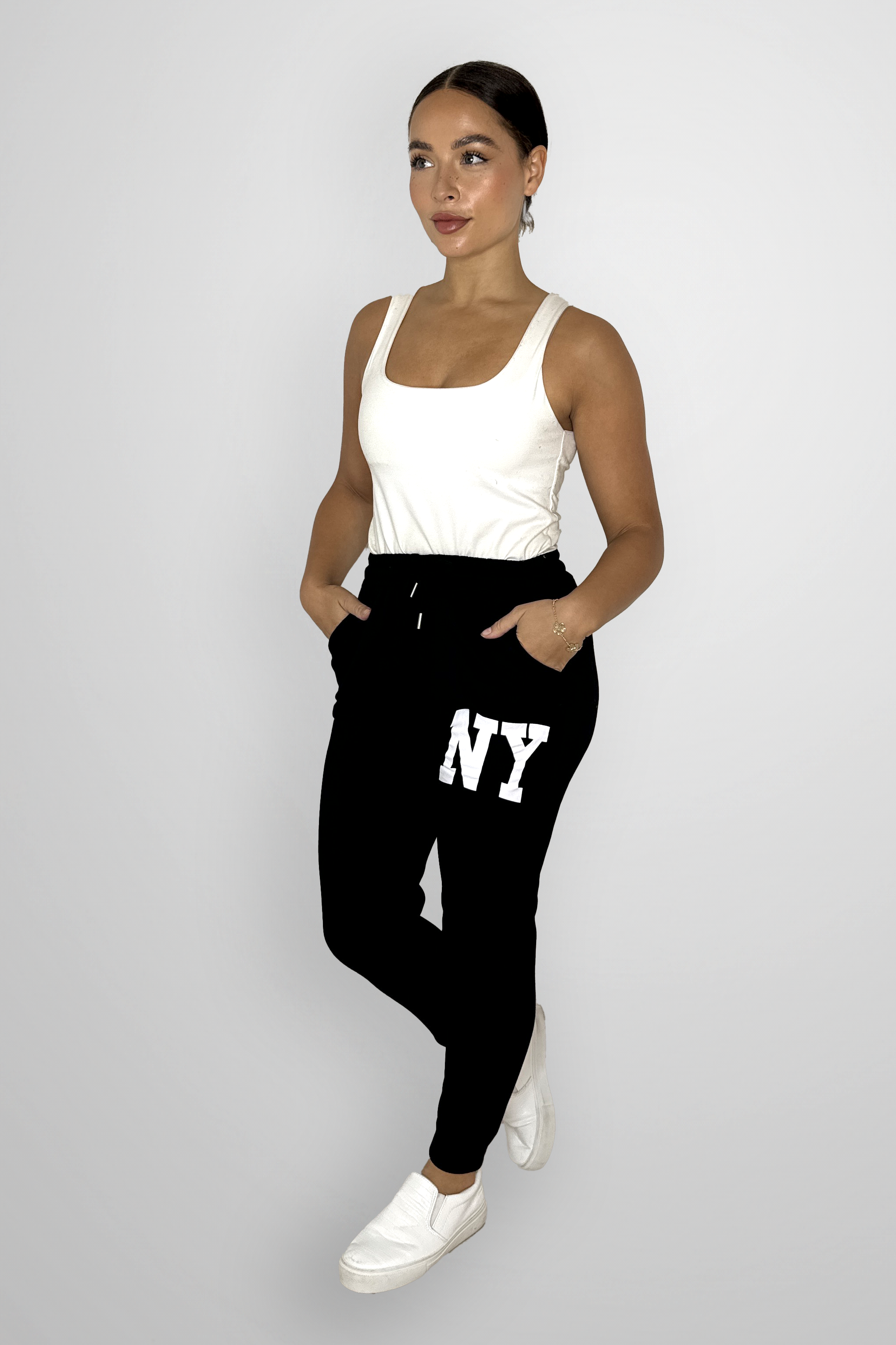 Stretchy Cuffed Slogan Drawstring Joggers