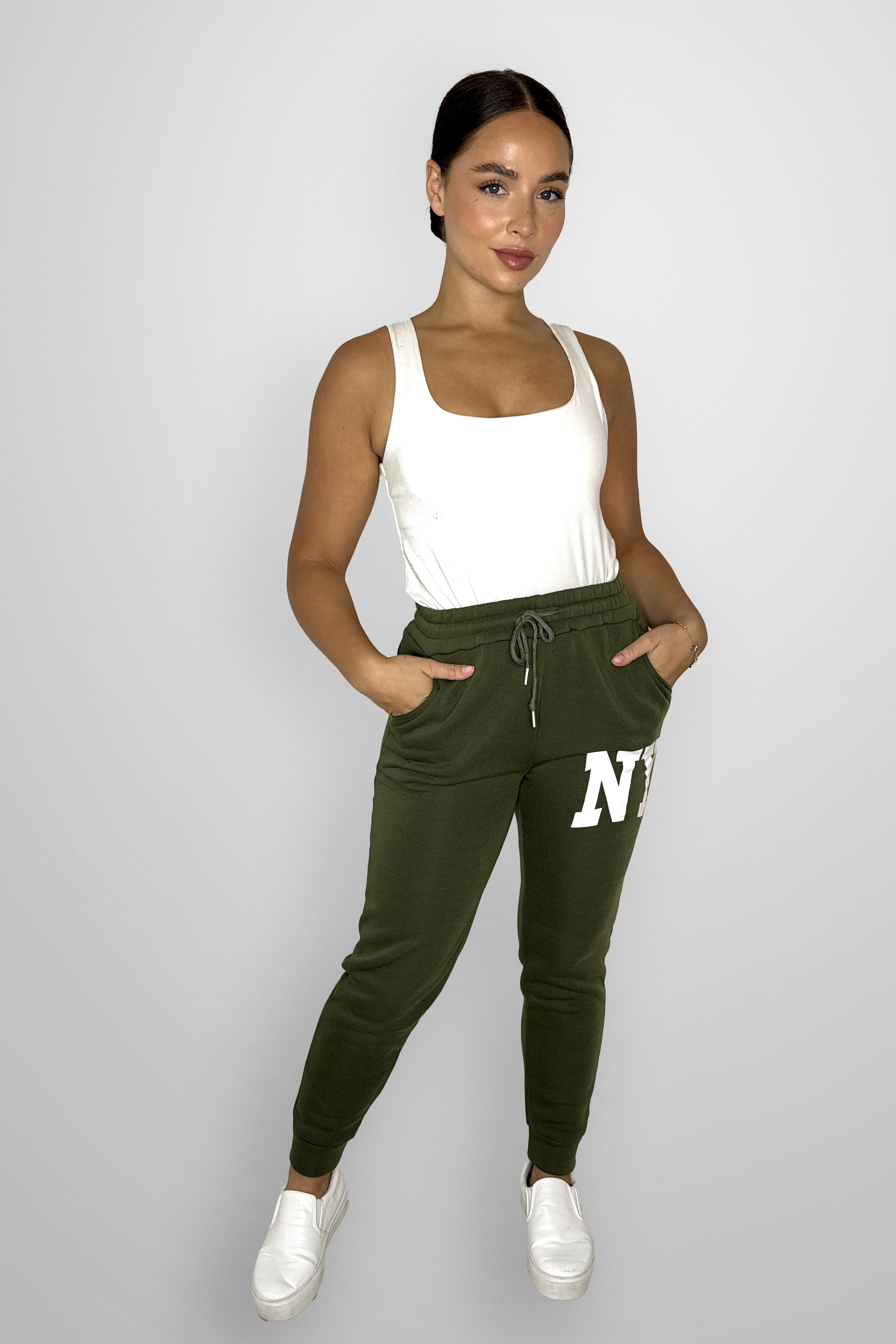 Stretchy Cuffed Slogan Drawstring Joggers