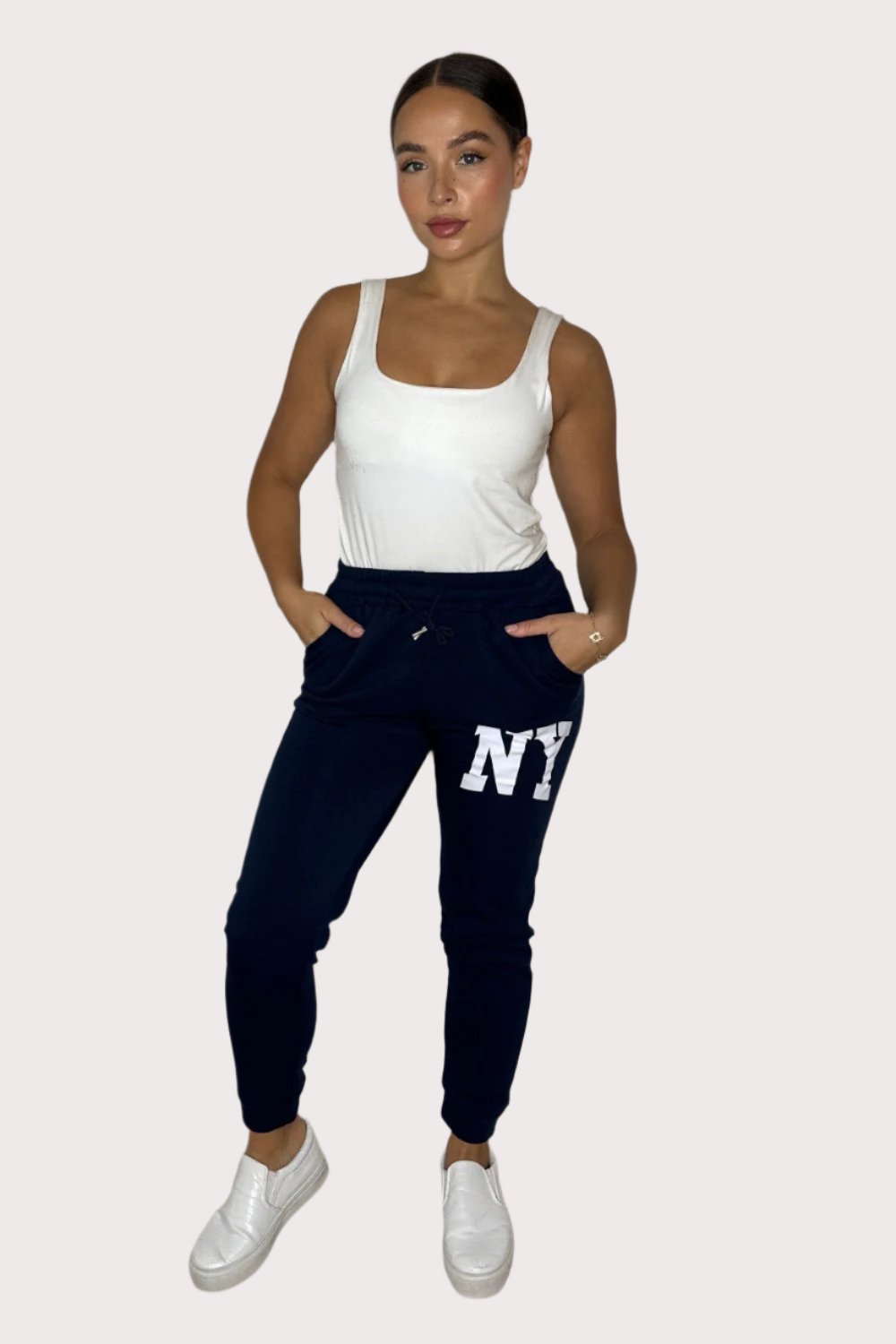 Stretchy Cuffed Slogan Drawstring Joggers