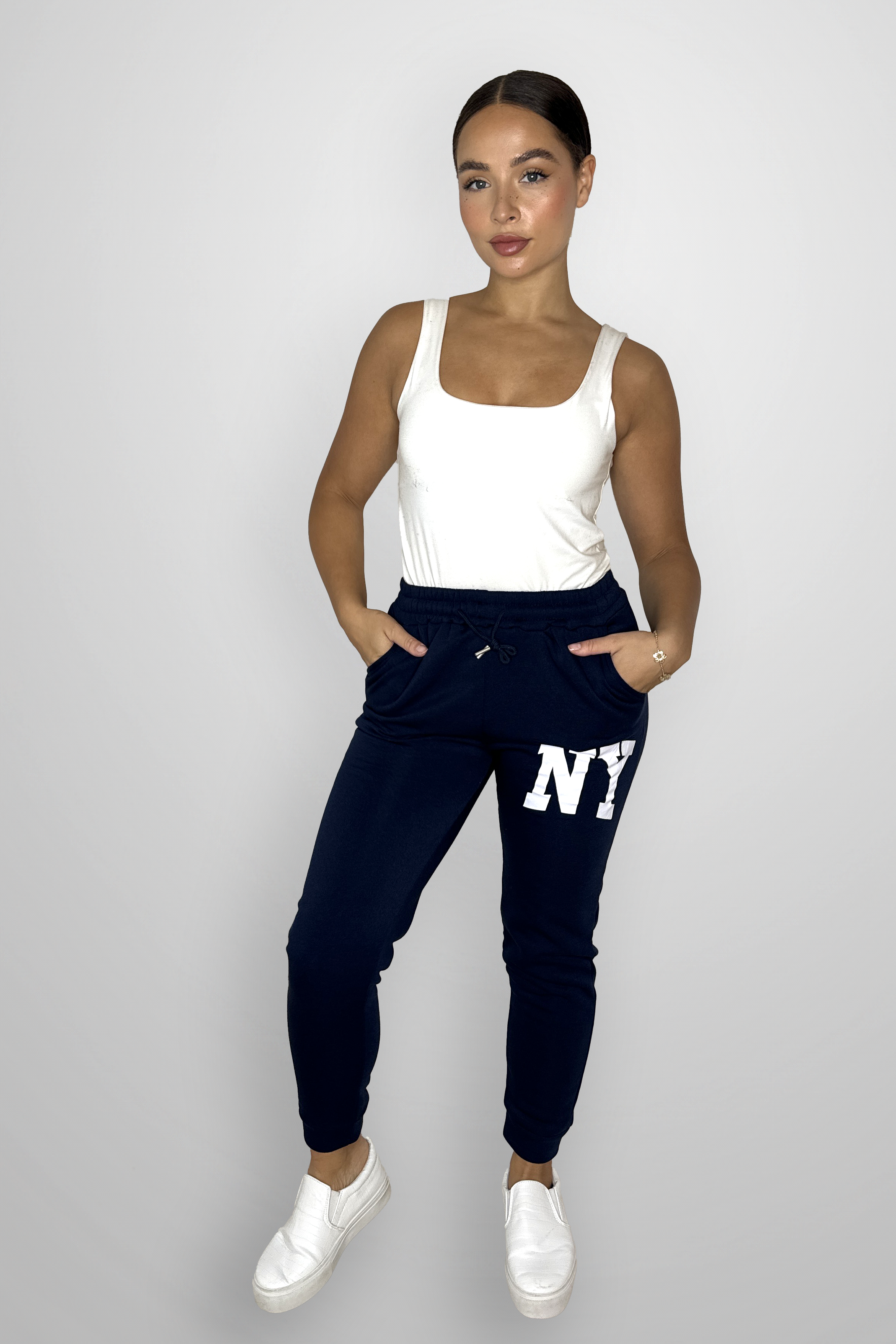 Stretchy Cuffed Slogan Drawstring Joggers