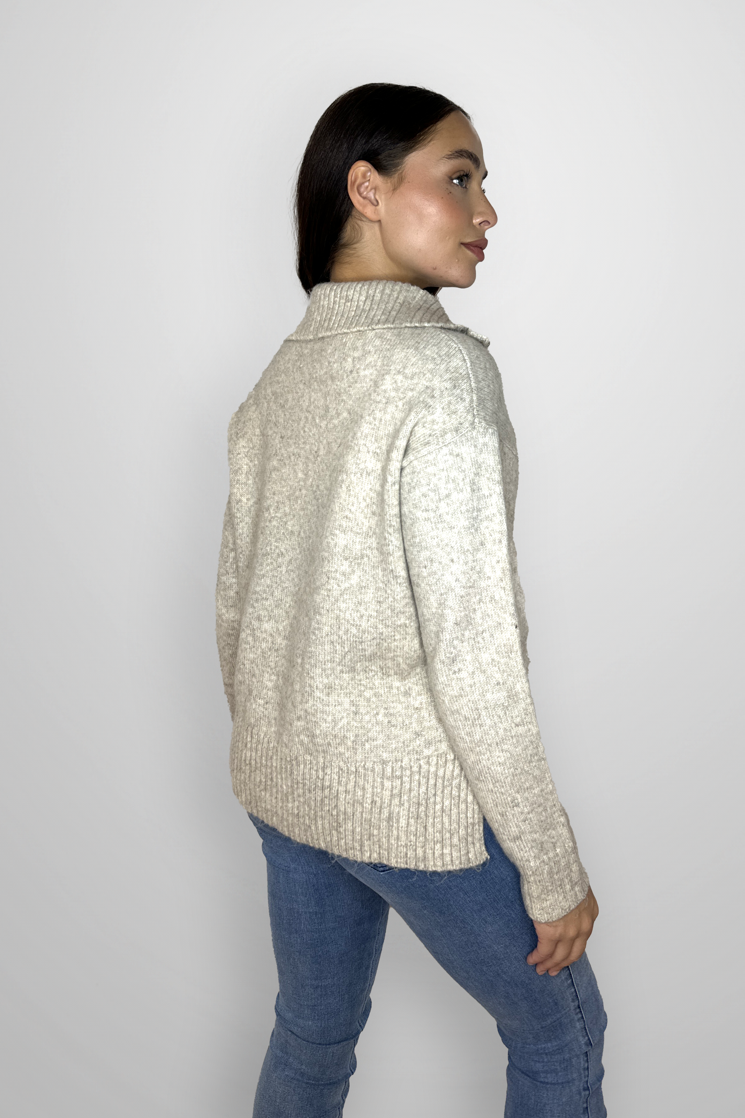 High Zip Neck Chunky Melange Knit Relaxed Fit Pullover