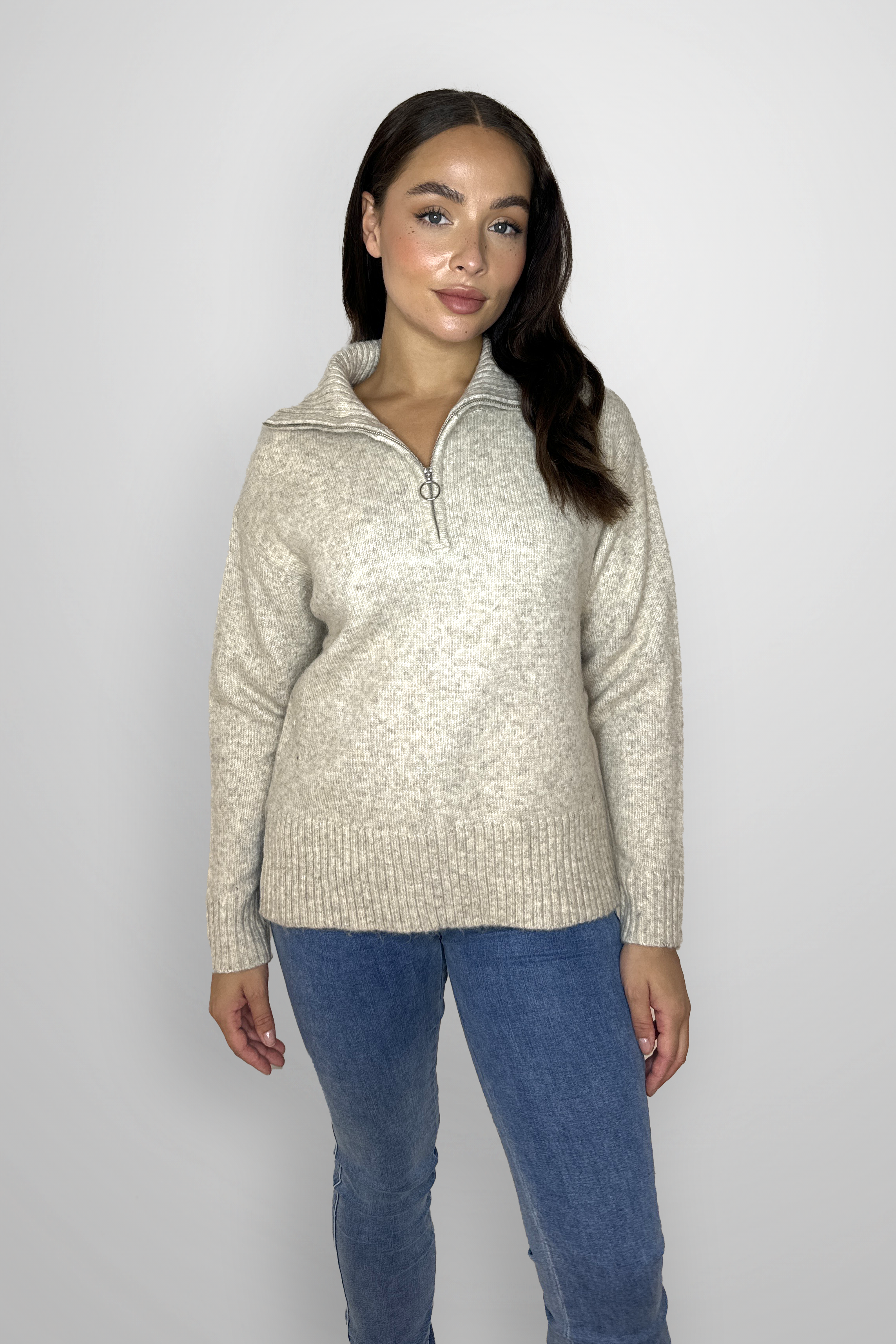 High Zip Neck Chunky Melange Knit Relaxed Fit Pullover