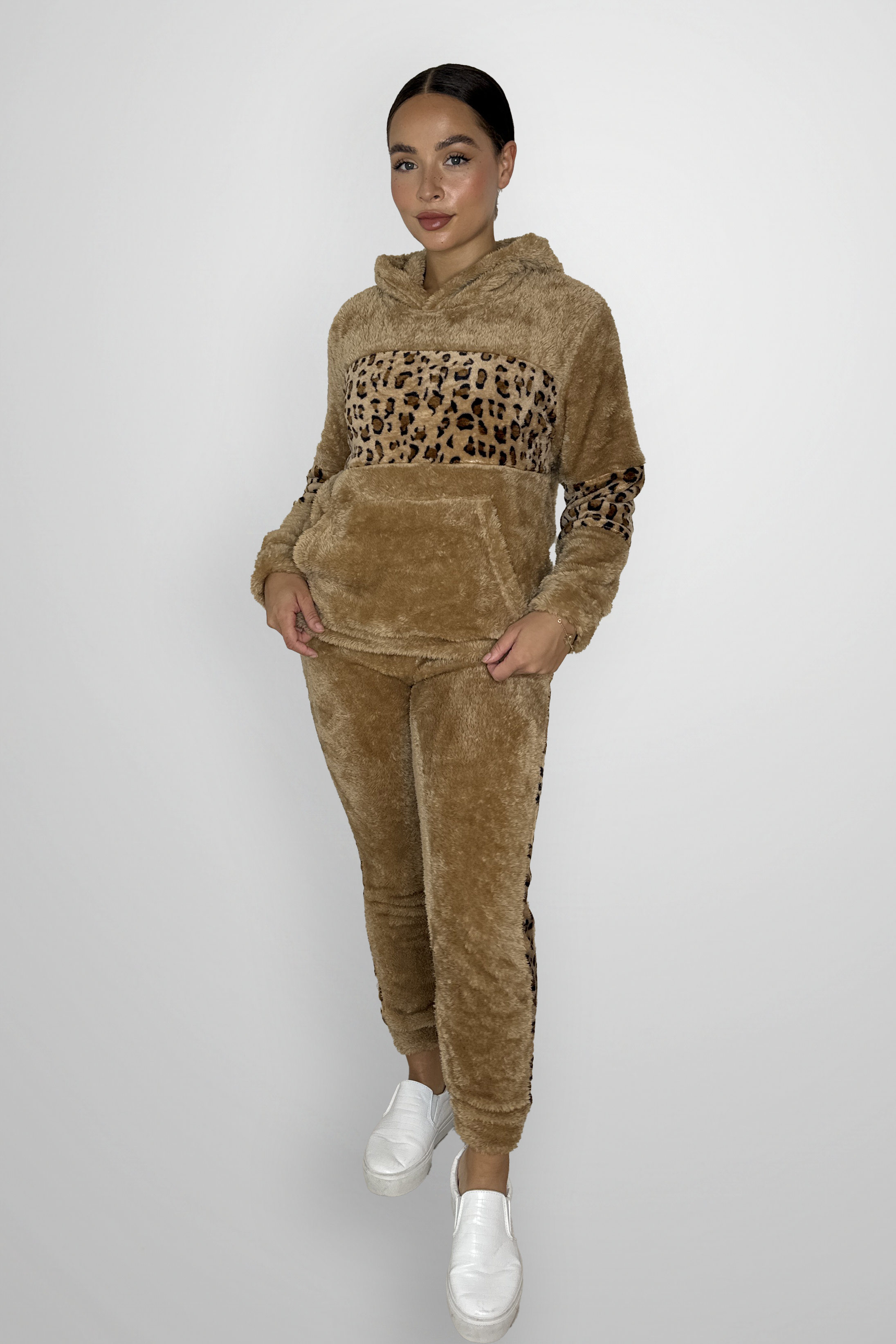 Cozy Leopard Print Color Block Hooded Teddy Bear Loungewear Set