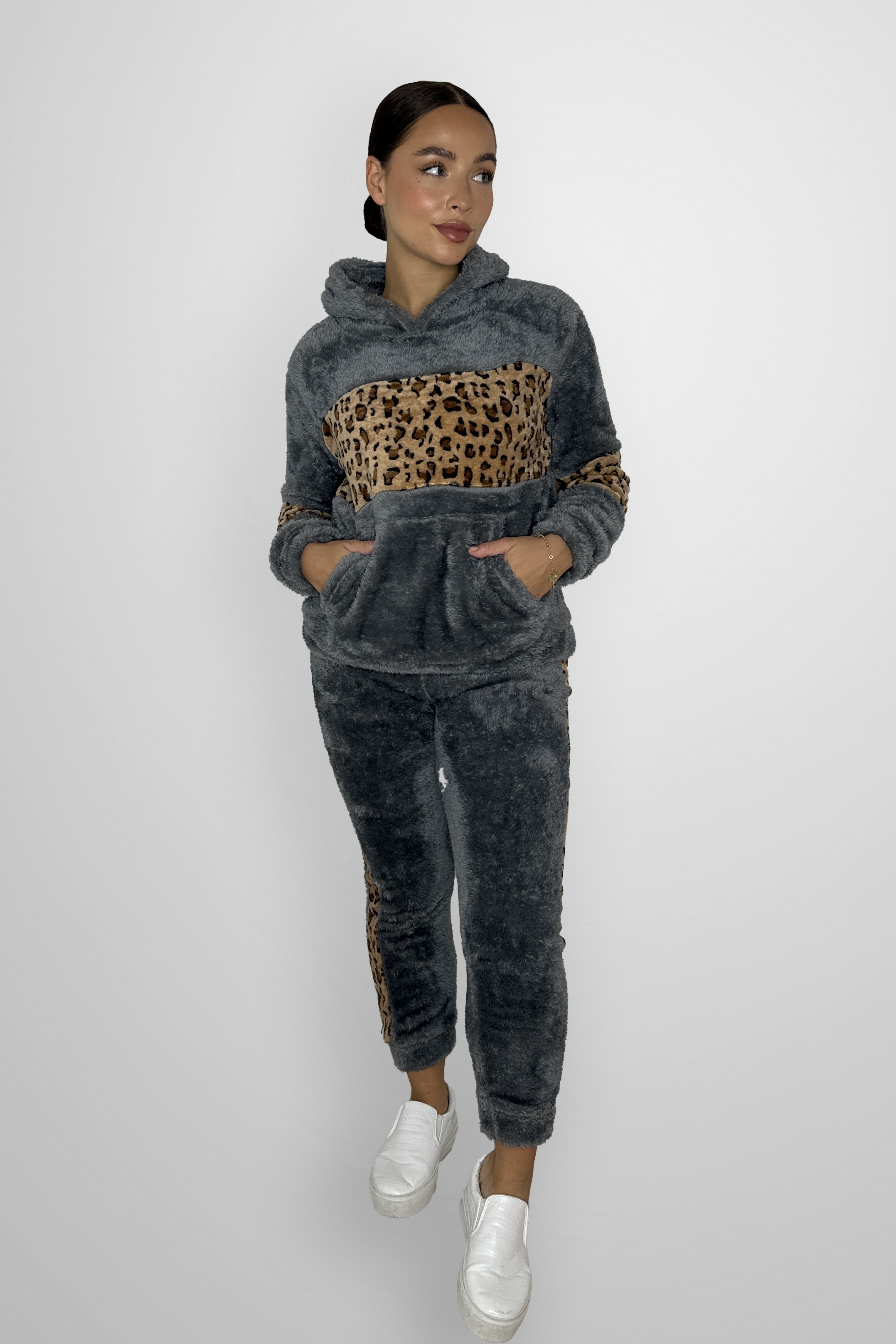 Cozy Leopard Print Color Block Hooded Teddy Bear Loungewear Set