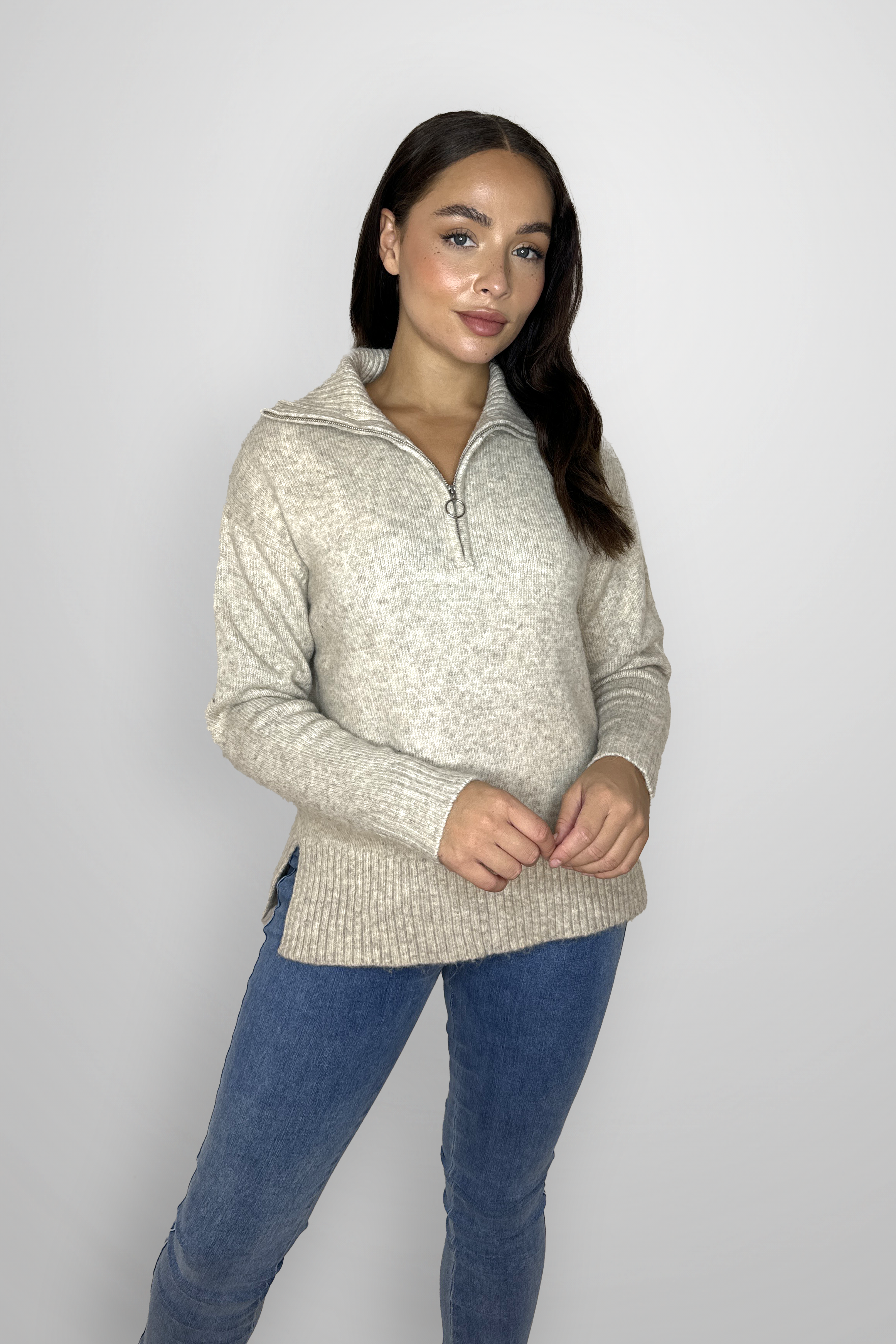 High Zip Neck Chunky Melange Knit Relaxed Fit Pullover