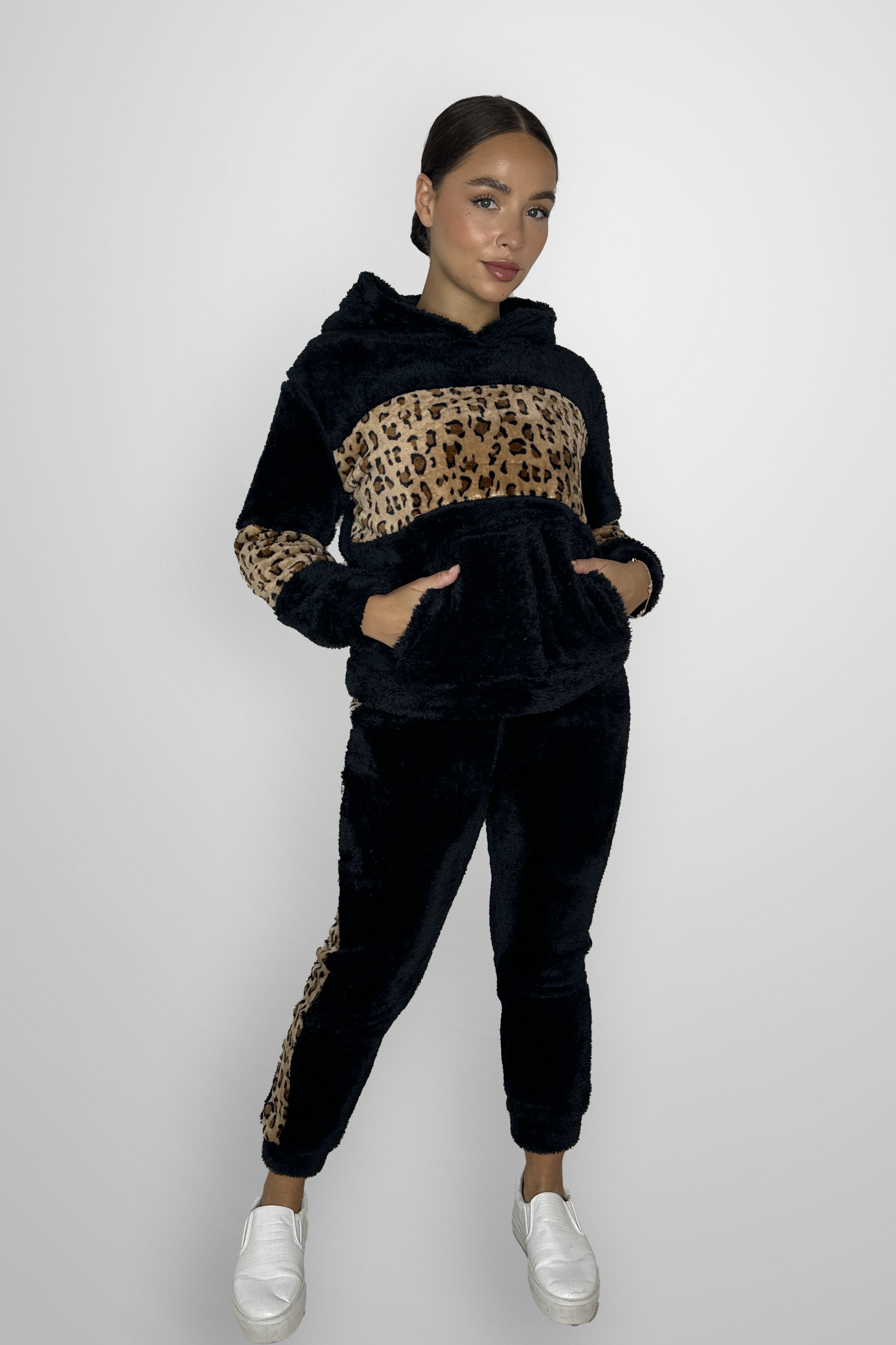 Cozy Leopard Print Color Block Hooded Teddy Bear Loungewear Set