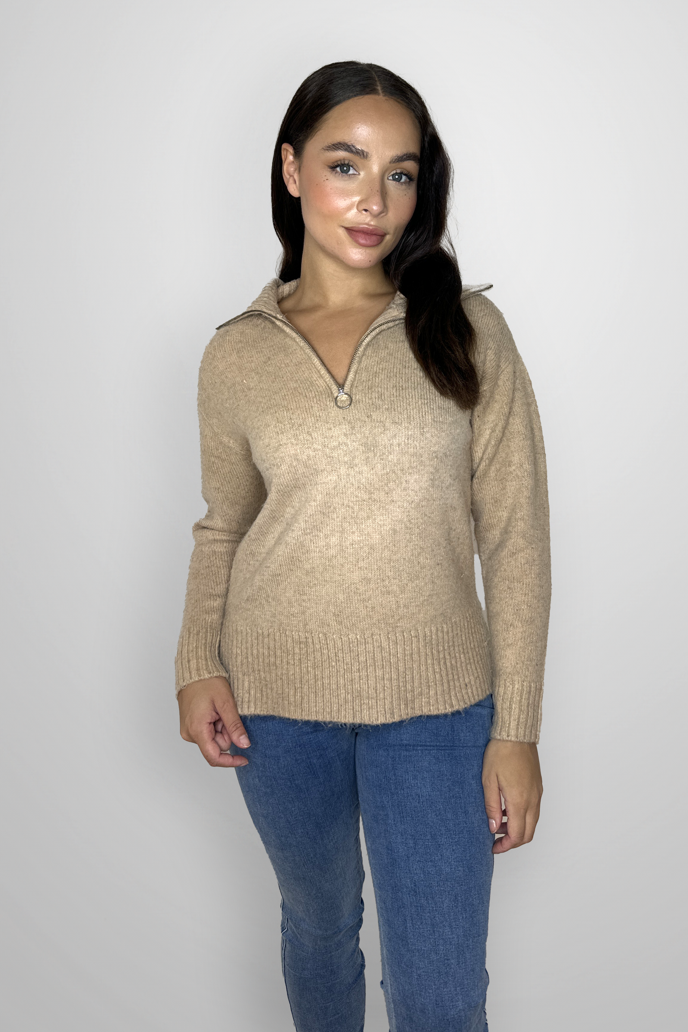 High Zip Neck Chunky Melange Knit Relaxed Fit Pullover