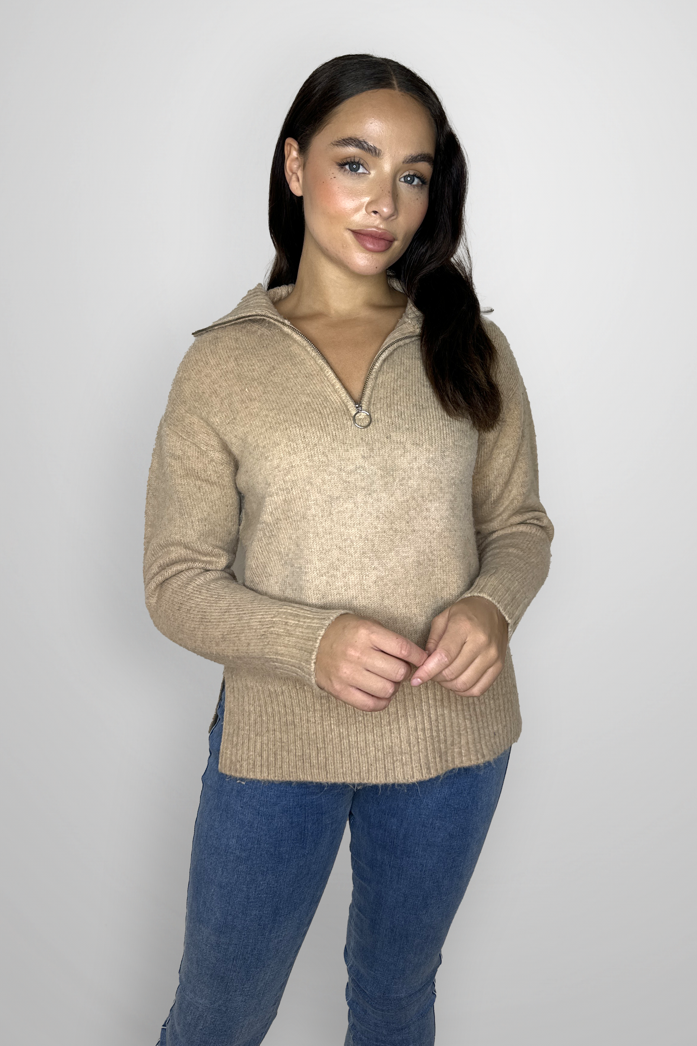 High Zip Neck Chunky Melange Knit Relaxed Fit Pullover