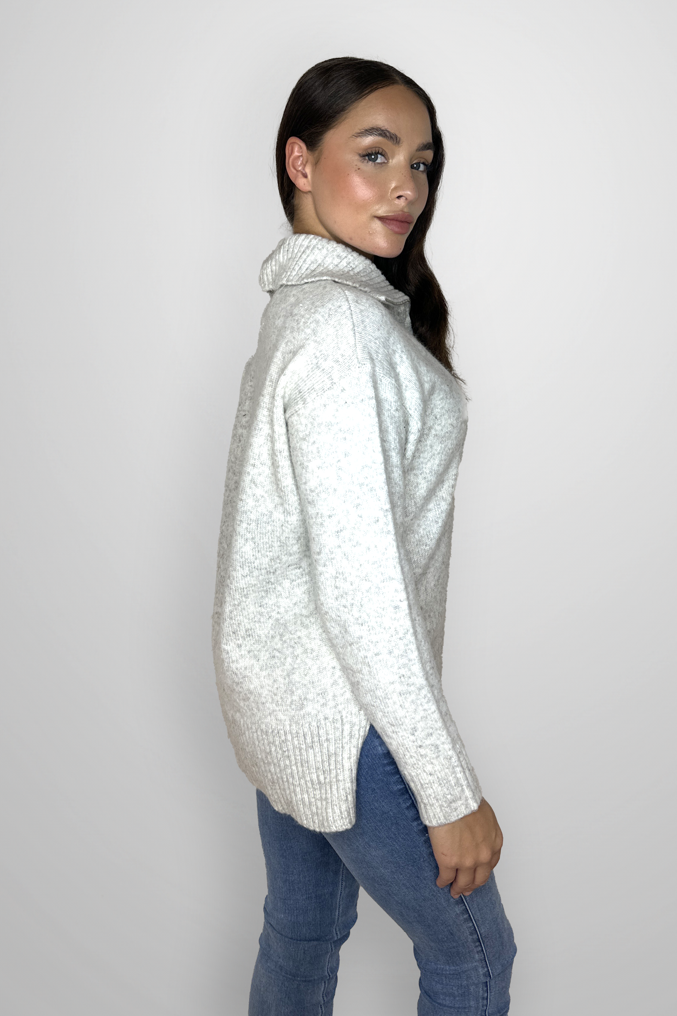 High Zip Neck Chunky Melange Knit Relaxed Fit Pullover