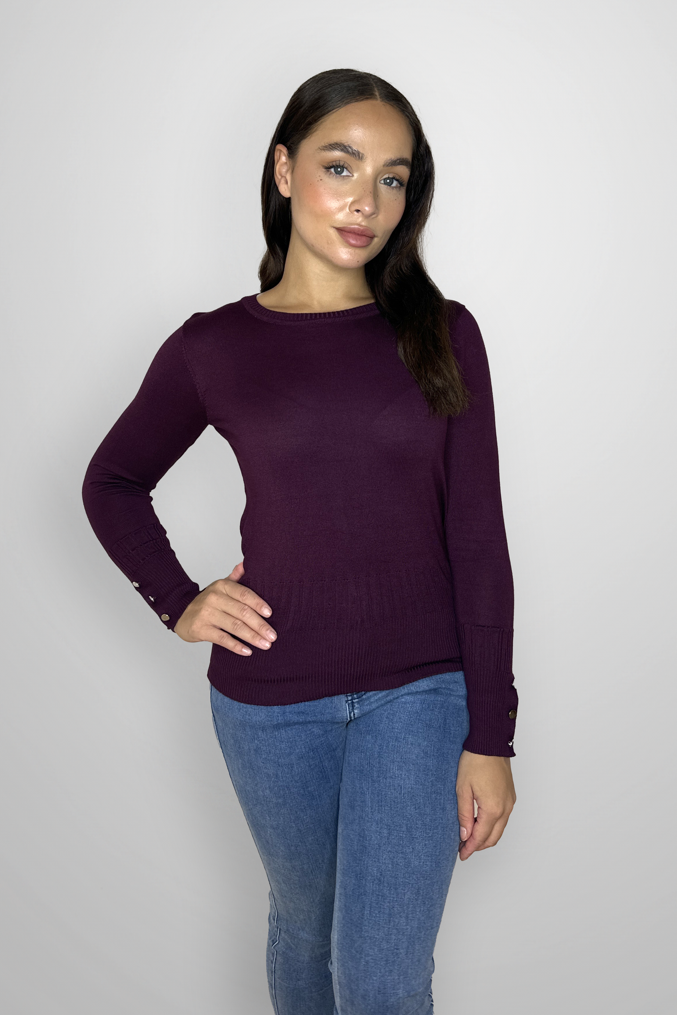 Viscose Blend Long Button Sleeve Basic Sweater