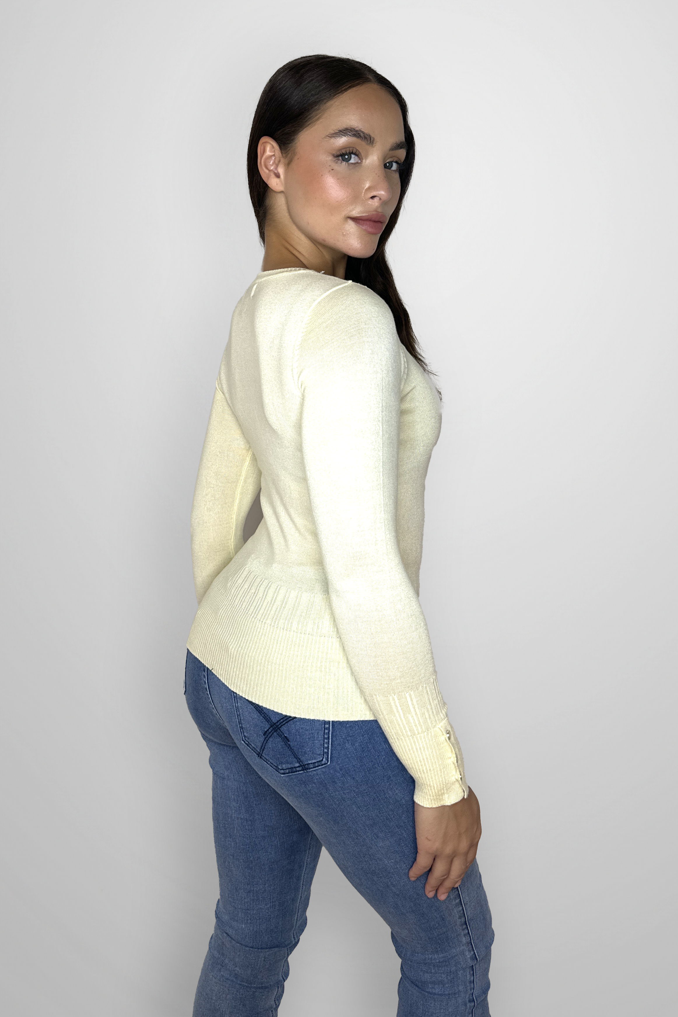 Viscose Blend Long Button Sleeve Basic Sweater