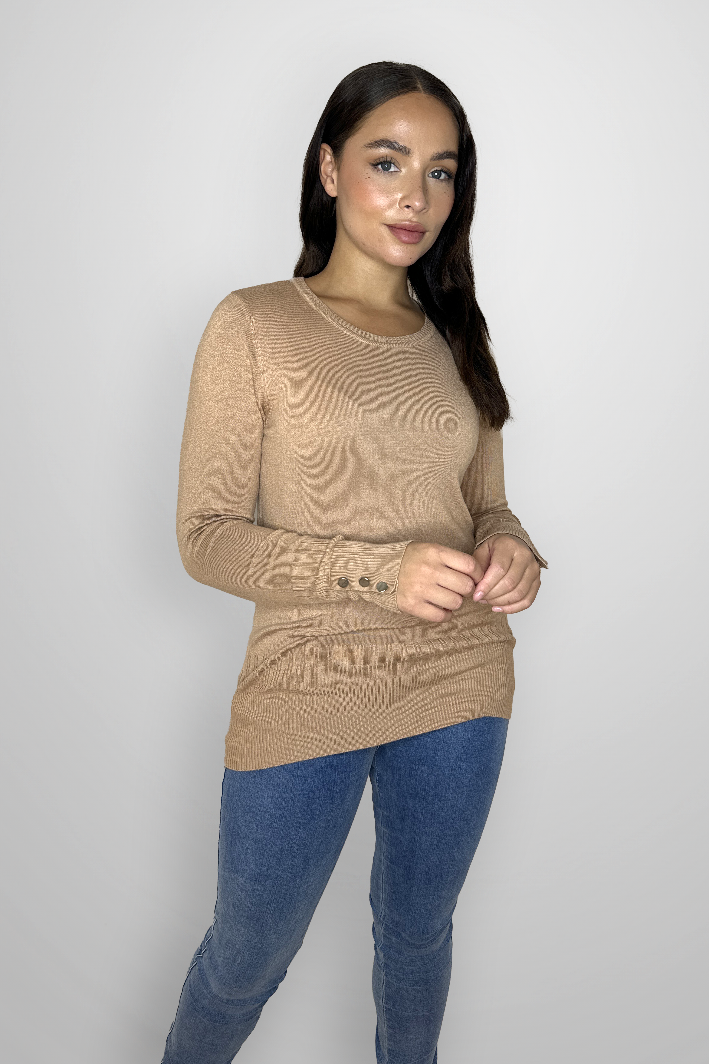 Viscose Blend Long Button Sleeve Basic Sweater