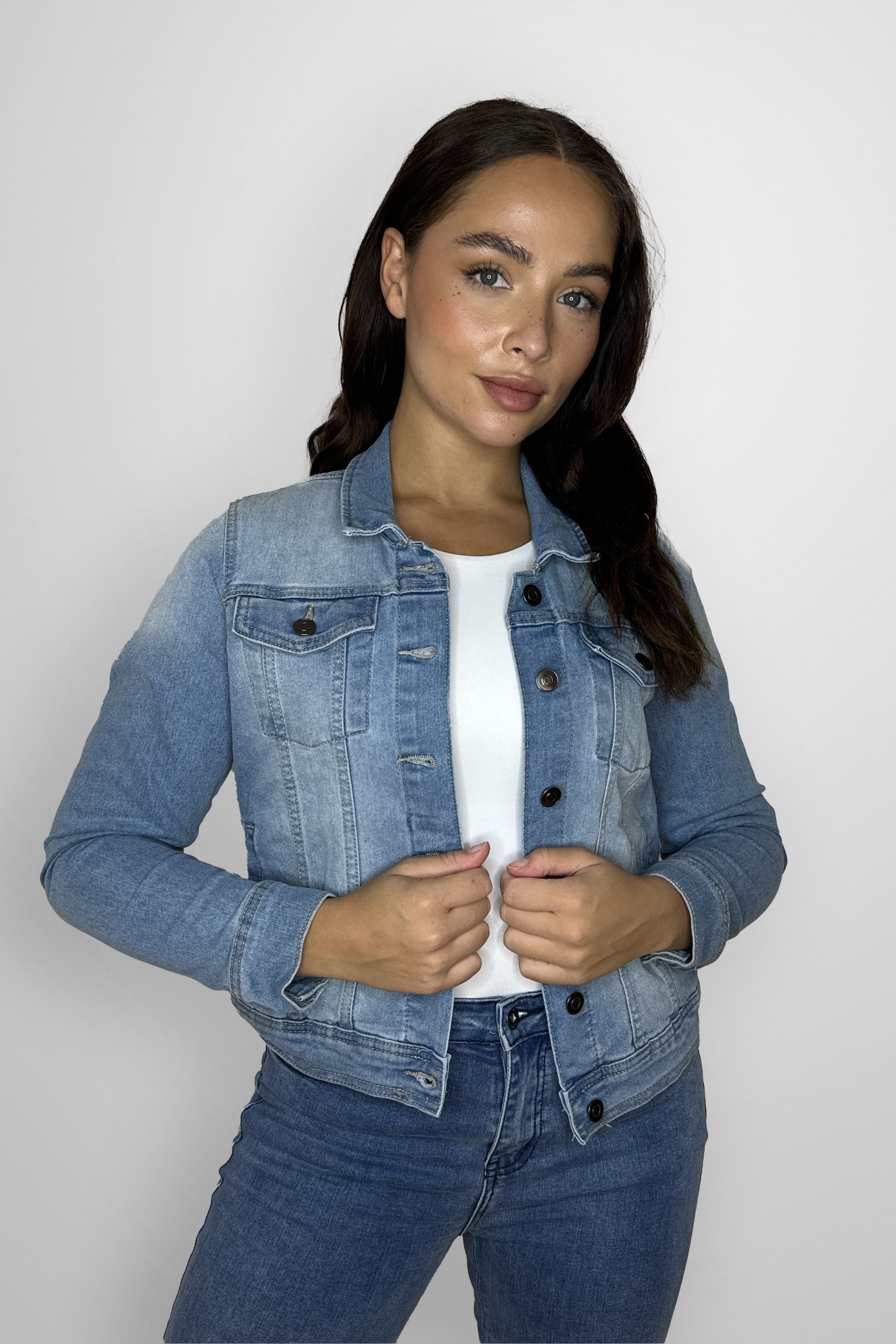 Slim Fit Waist Length Faded Denim Blue Classic Denim Jacket