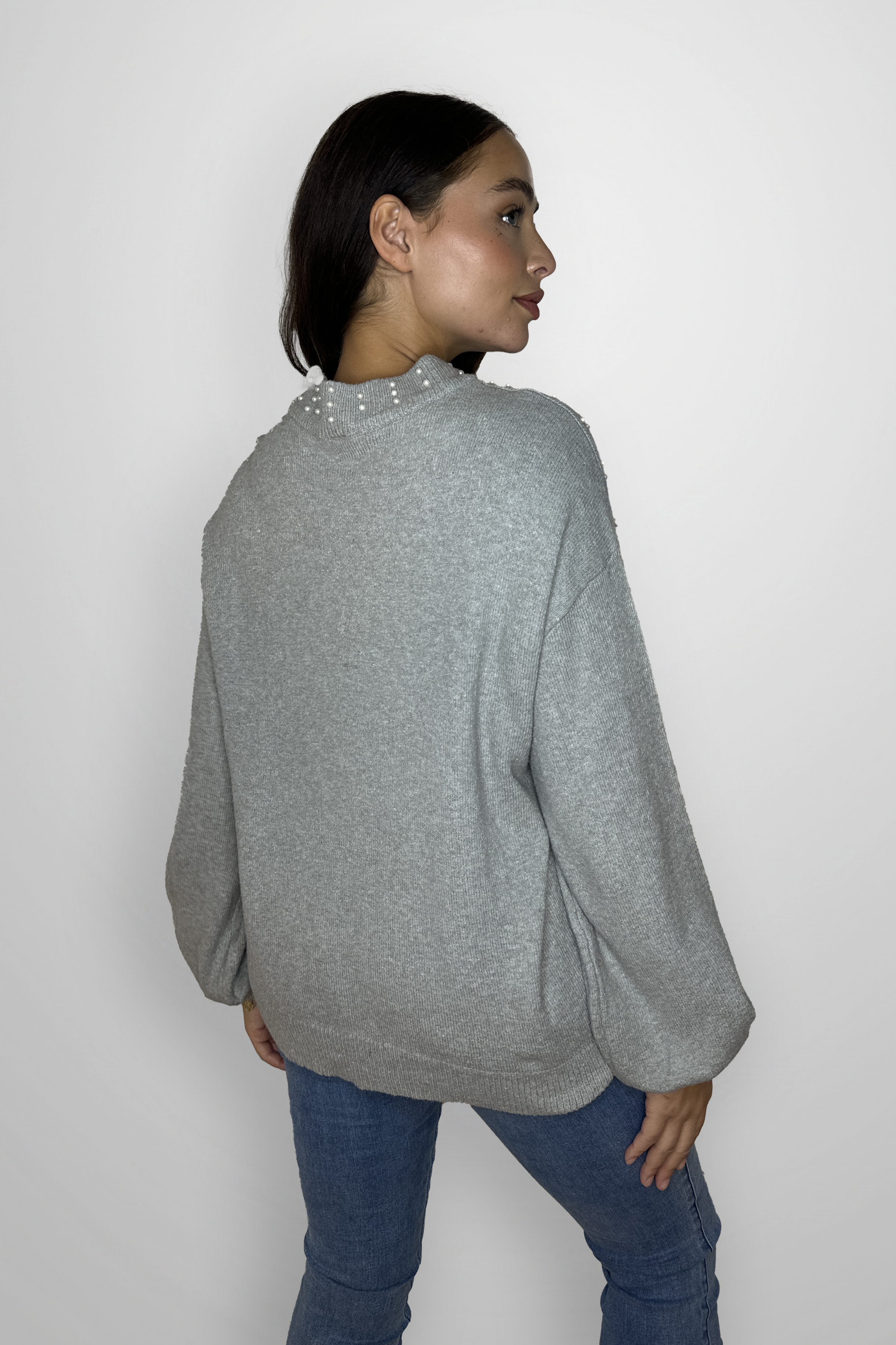 Pearl Embellished Thick Knit Cotton  Blend Pullover