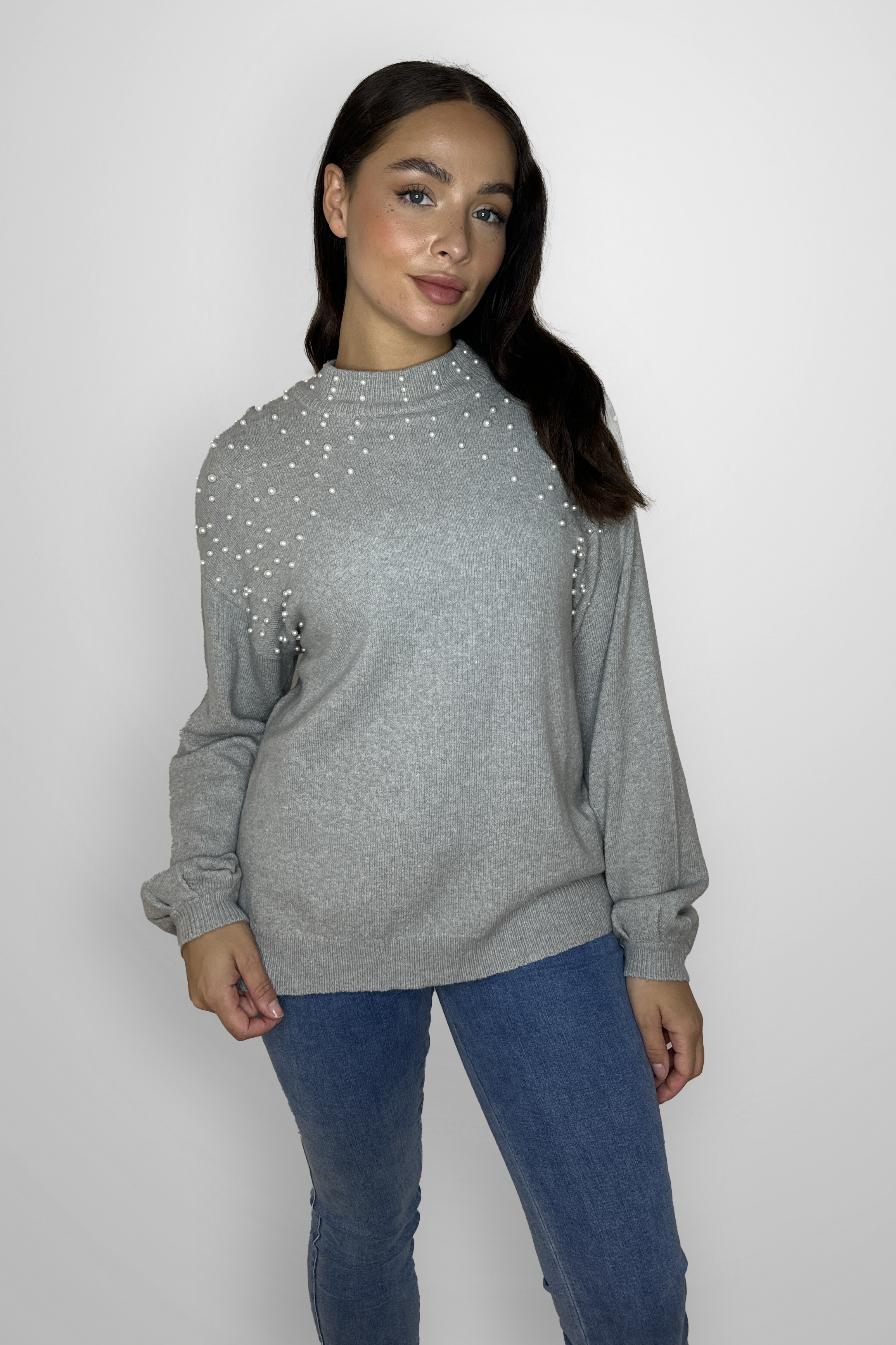 Pearl Embellished Thick Knit Cotton  Blend Pullover