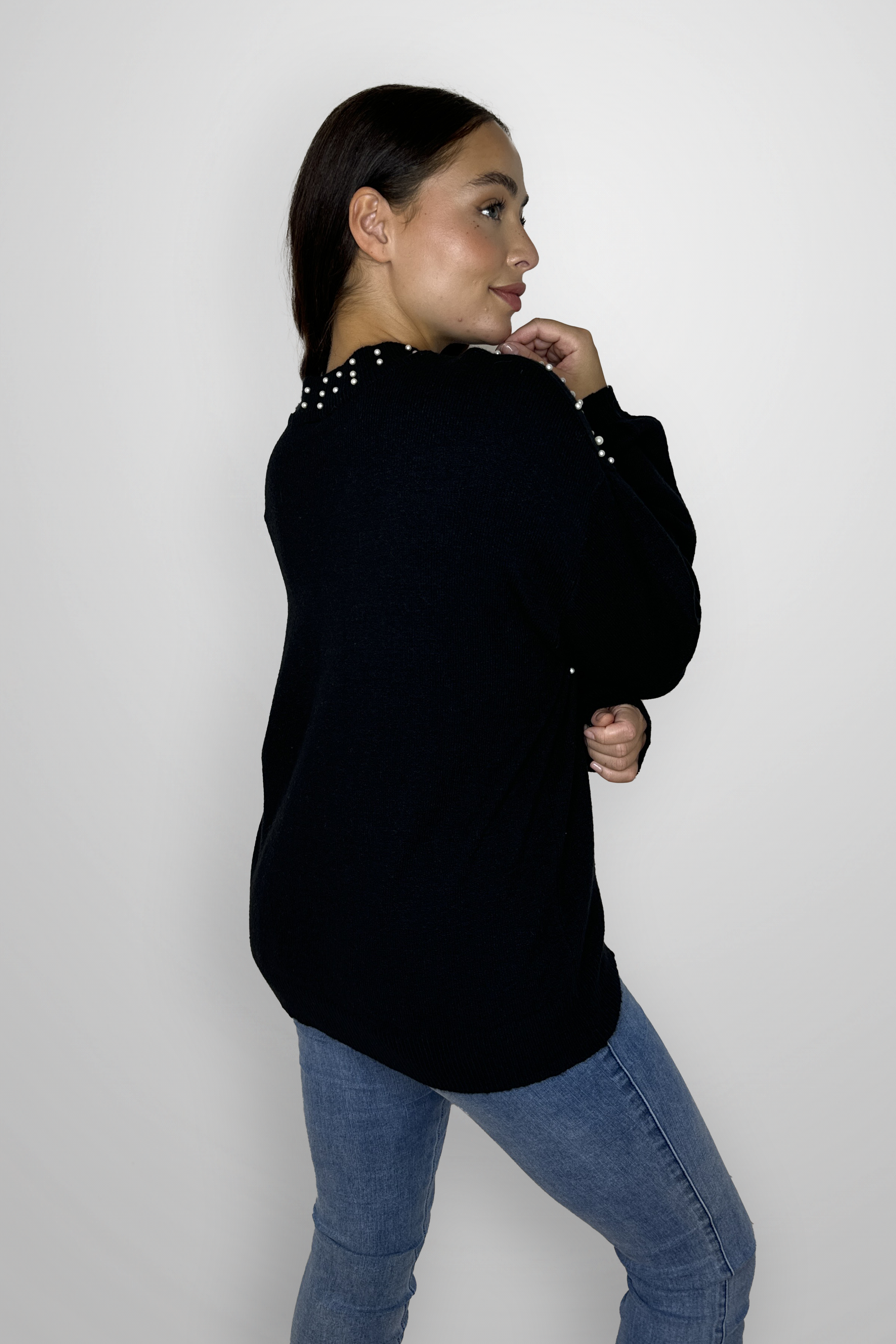 Pearl Embellished Thick Knit Cotton  Blend Pullover