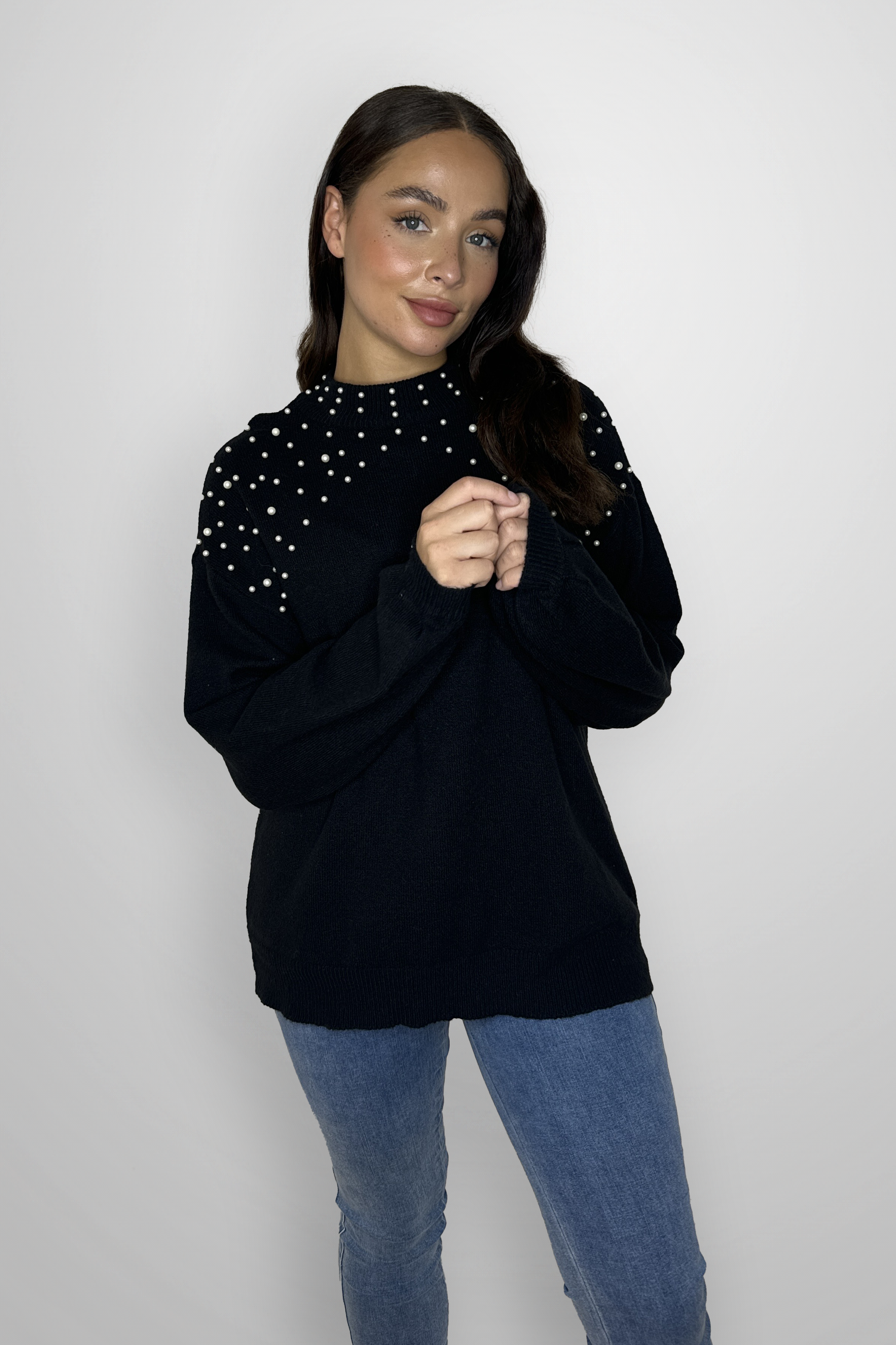 Pearl Embellished Thick Knit Cotton  Blend Pullover