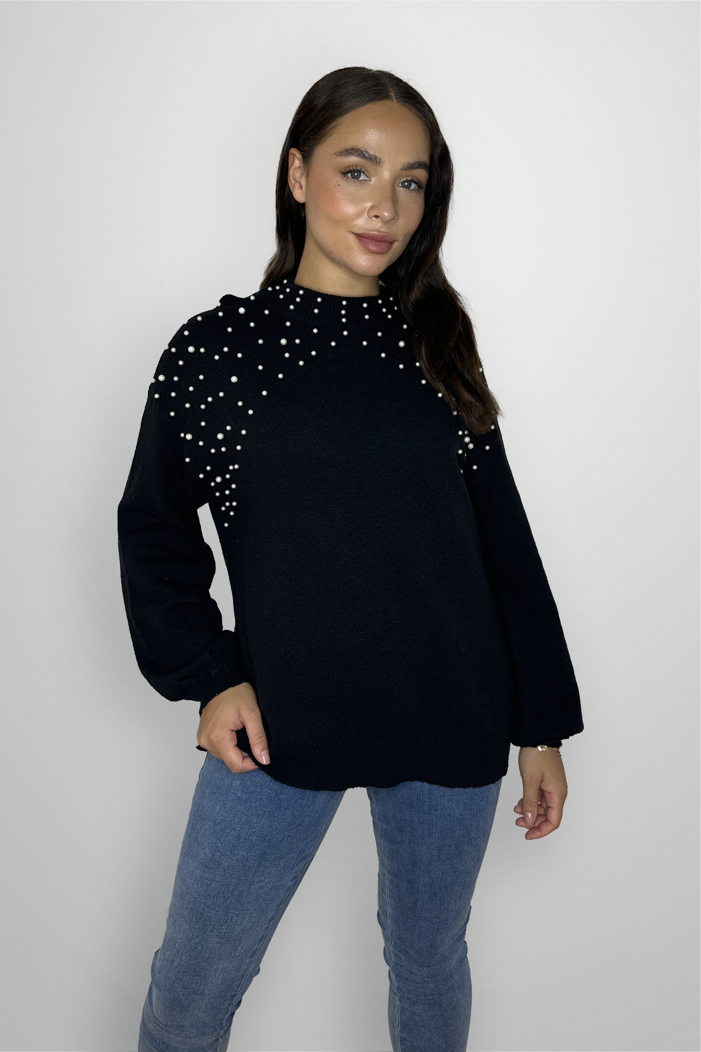 Pearl Embellished Thick Knit Cotton  Blend Pullover