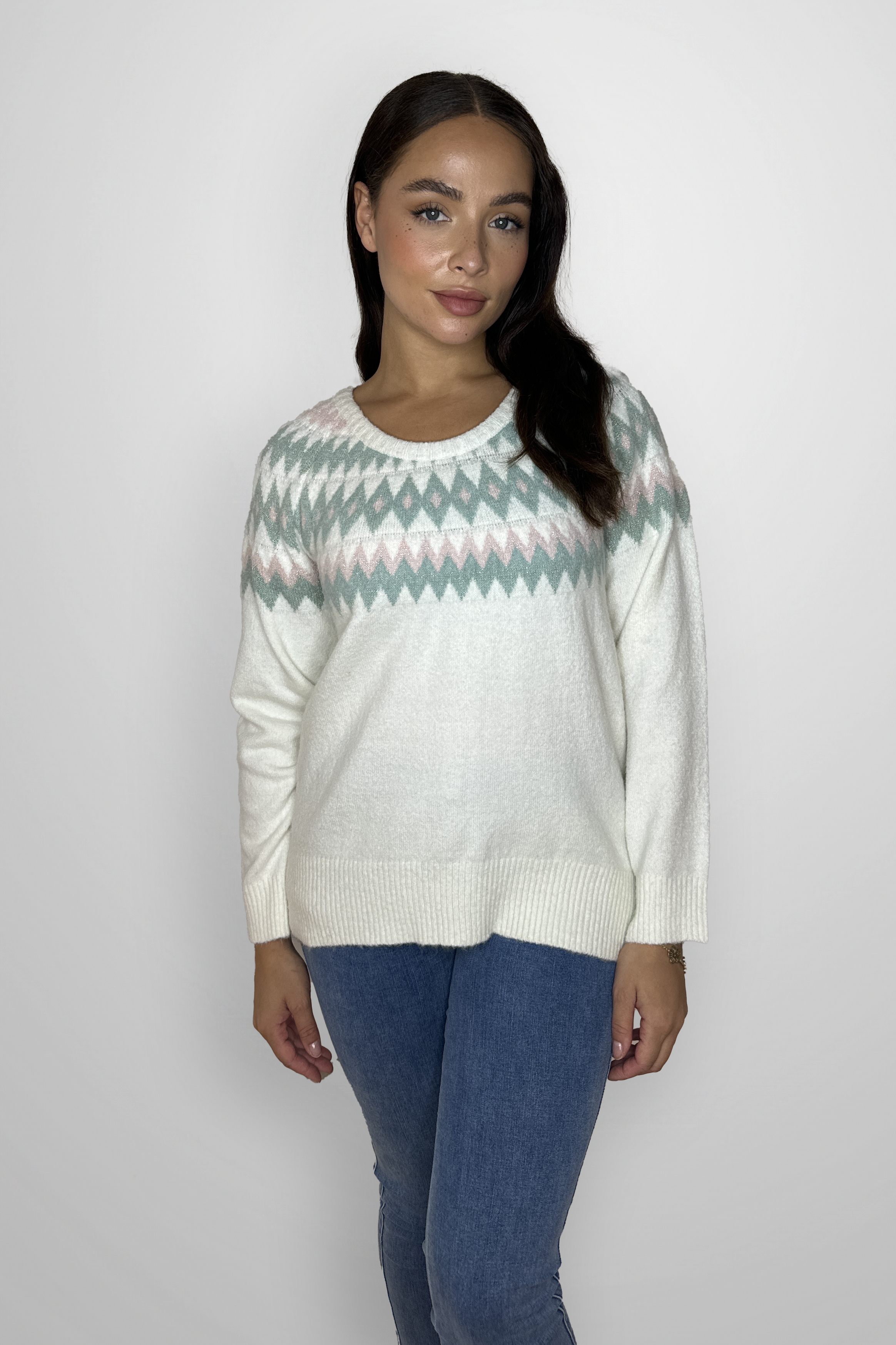 Merino Wool  Aztec Print Crew Neck Jumper